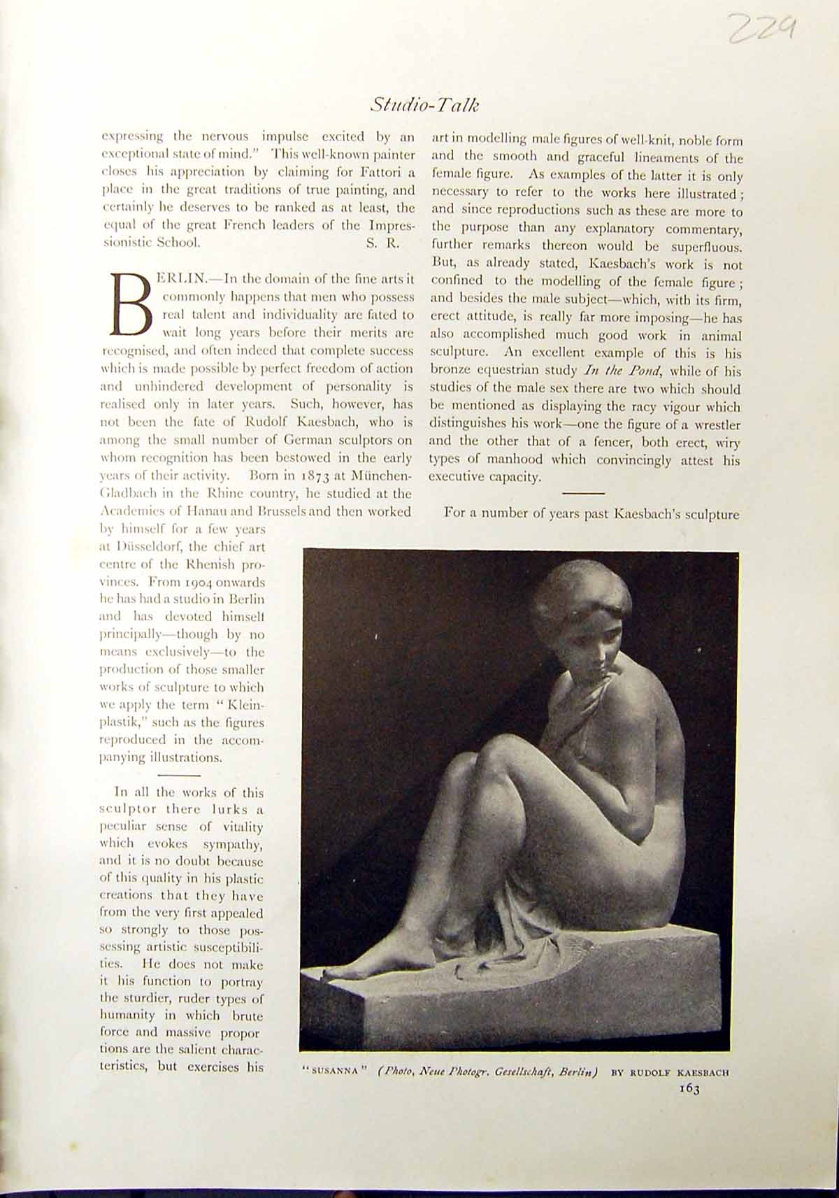 Antique Print Susanna Sculpture Rudolf Kaesbach 1912 Figure Child Fettered 20th