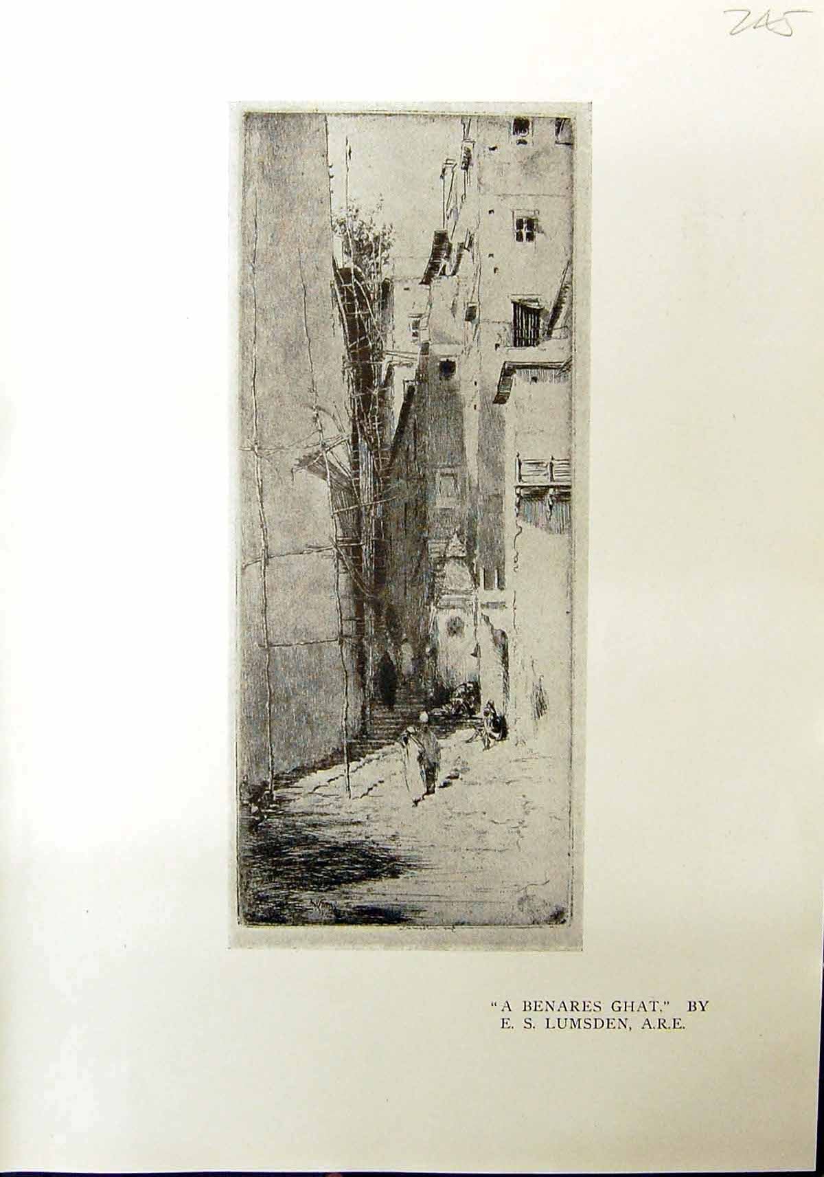 Old Antique Print Benares Ghat Lumsden Jasmine Sellers Market Scene 1912 20th