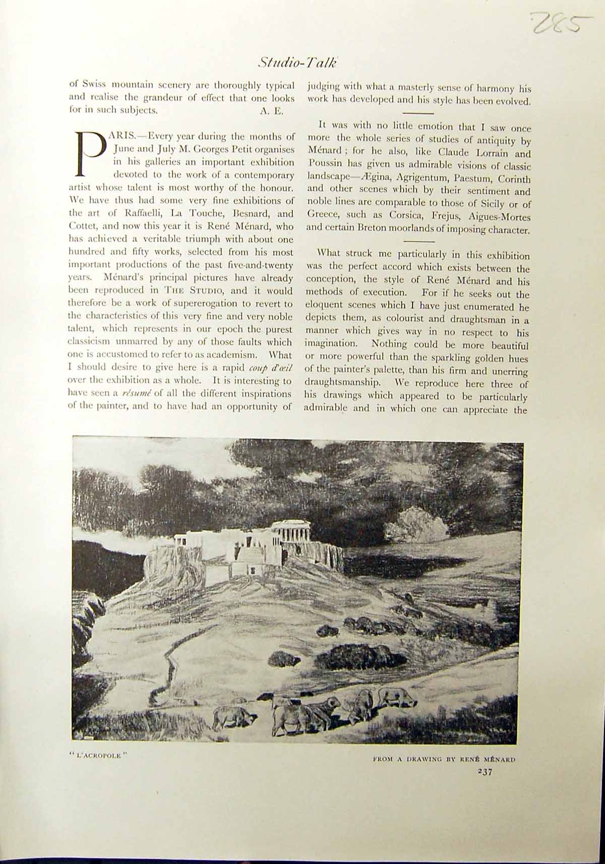 Old Print L'Acropole Rene Menard 1912 Cavaliers Sous Bois Mountains Trees 20th