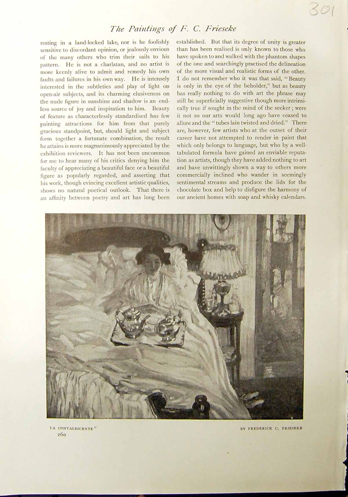 Antique Old Print Convalescente Lady Bed Frieseke 1912 L'Heure Garden Scene