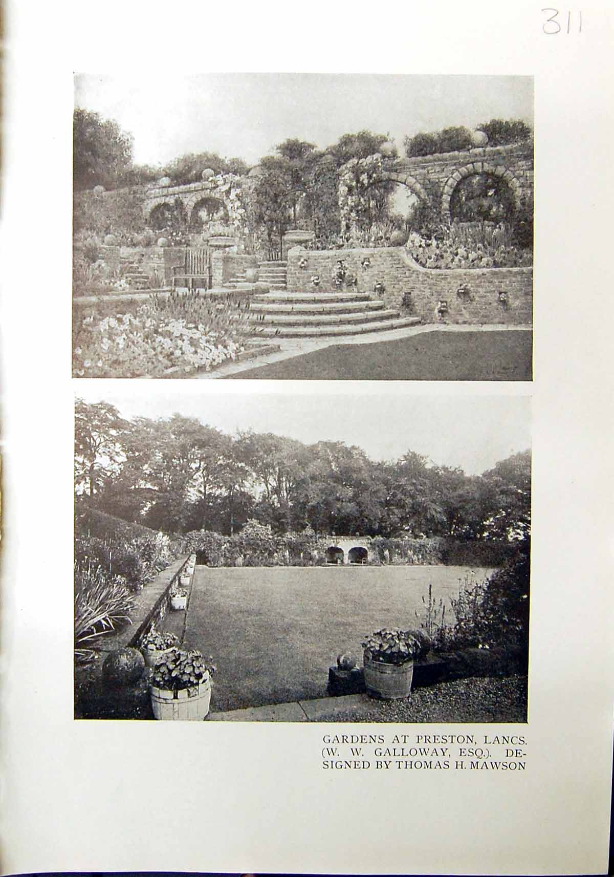 Old Antique Print Gardens Preston Galloway Thomas Mawson 1912 Lees Court 20th