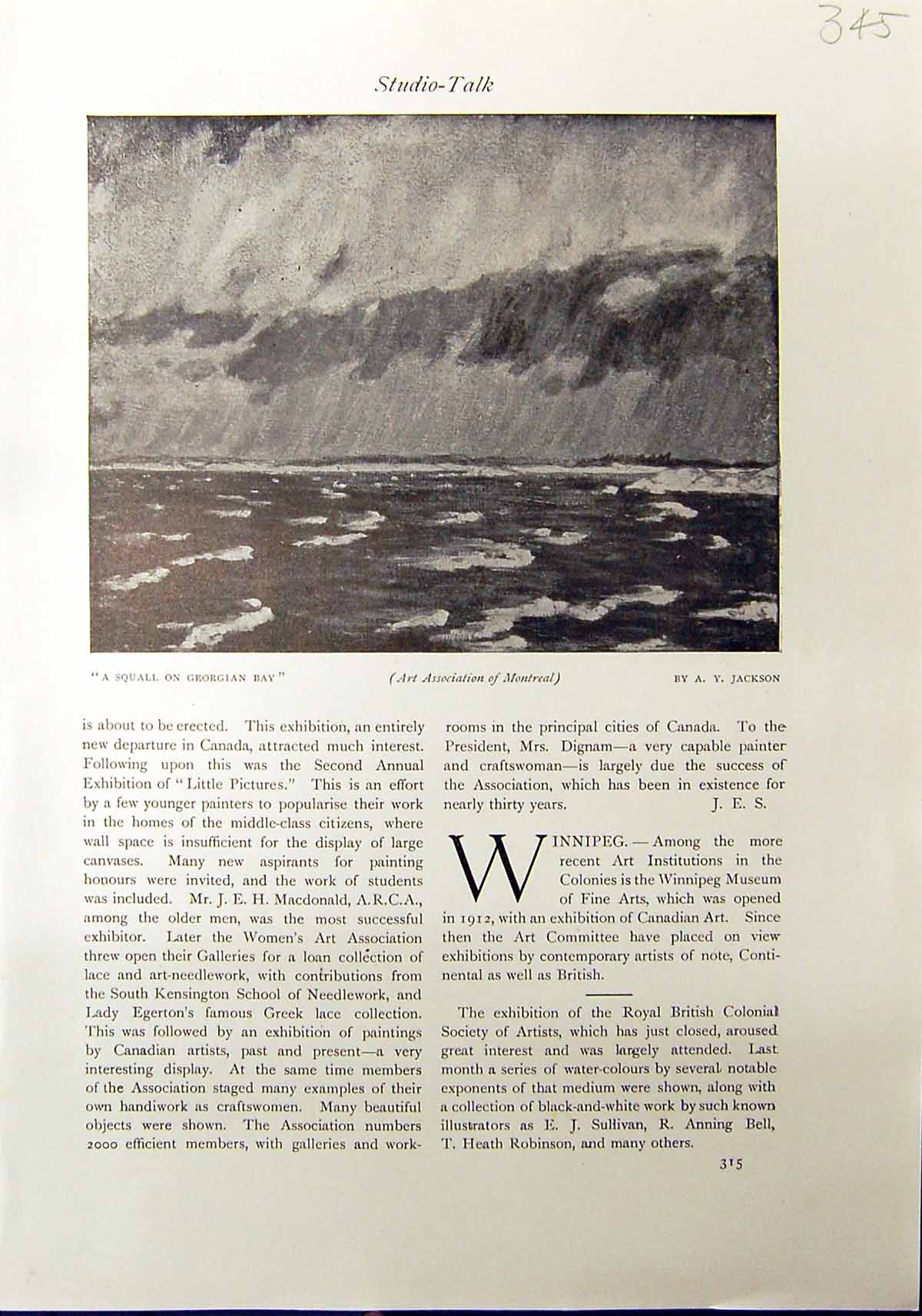 Old Print Squall Georgian Bay Jackson 1912 Rotterdam Holland Will Ashton 20th