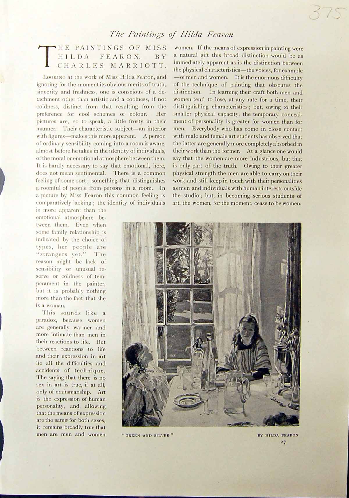 Antique Old Print 1912 Green Silver Children House Window Hilda Fearon Alice