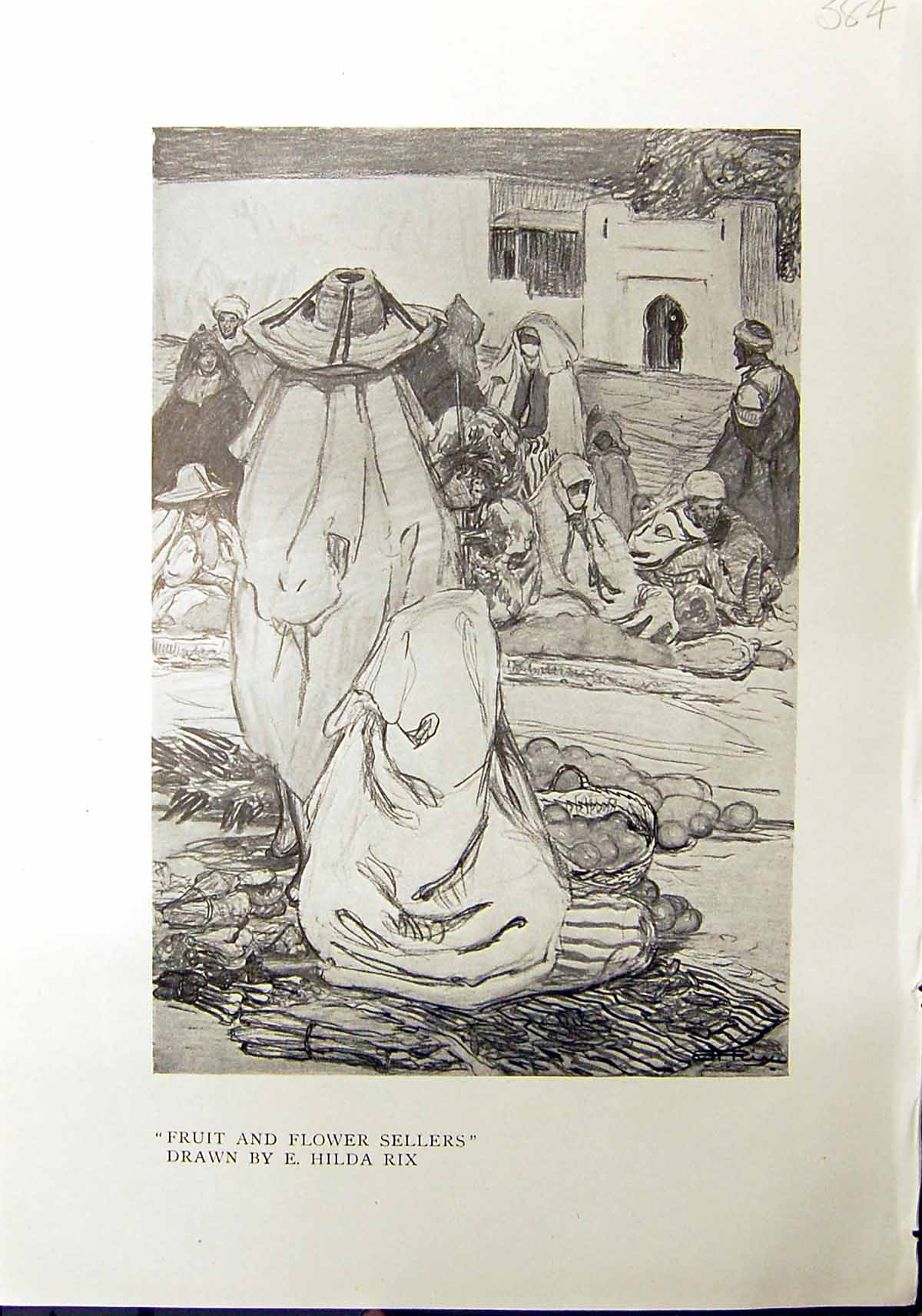 Old Print Fruit Flower Sellers Hilda Rix 1912 Negro Woman Morocco Africa 20th