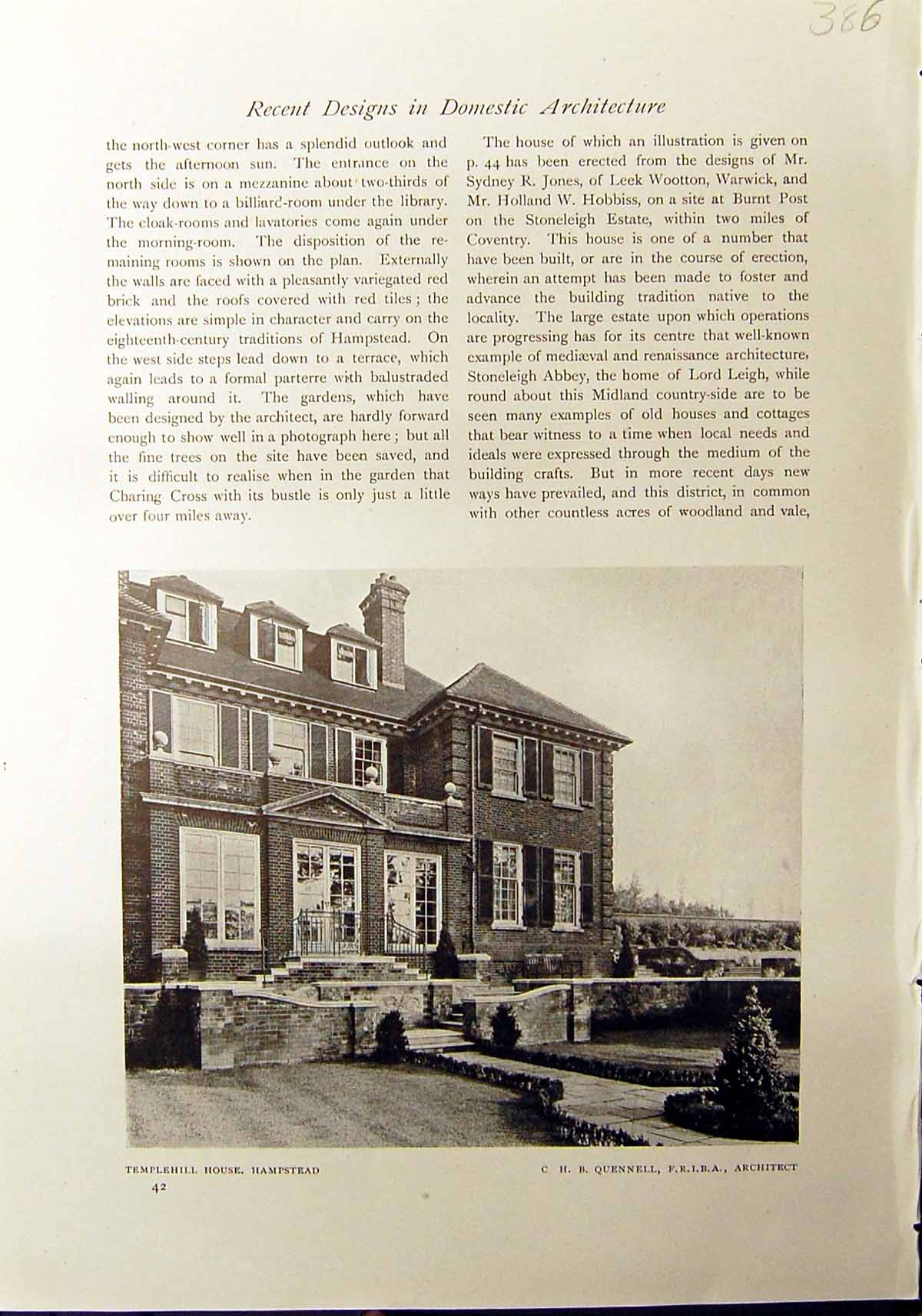 Antique Old Print 1912 Plan Templehill House Hampstead Quennell Architecture