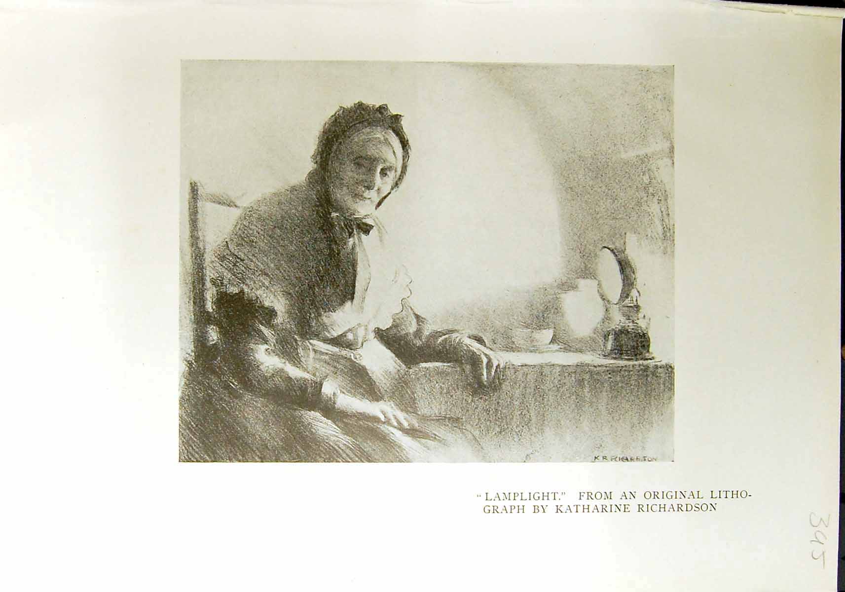 Antique Old Print 1912 Lamplight Katharine Richardson Storm Cyril Spackman 20th