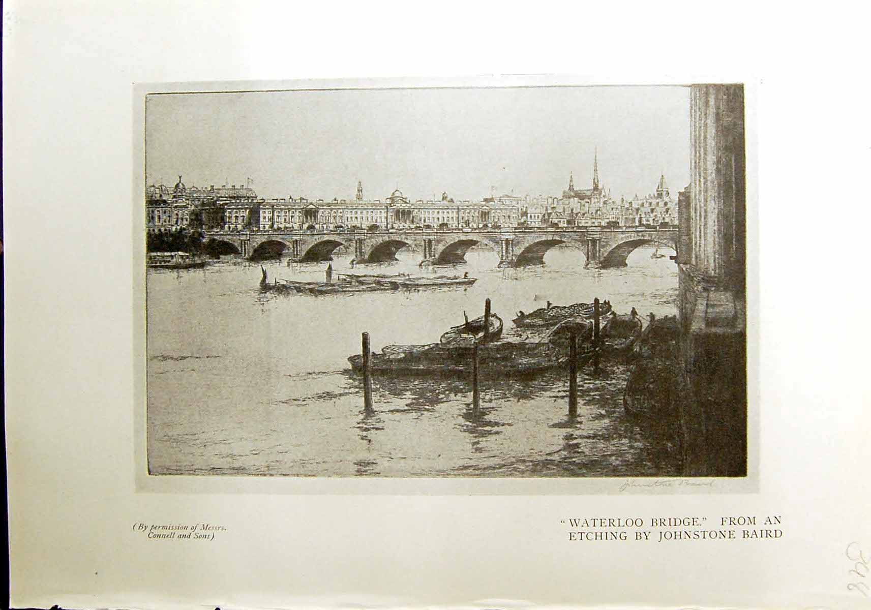 Old Print 1912 Waterloo Bridge Johnstone Baird Boats Rathaus Quay Zurich 20th