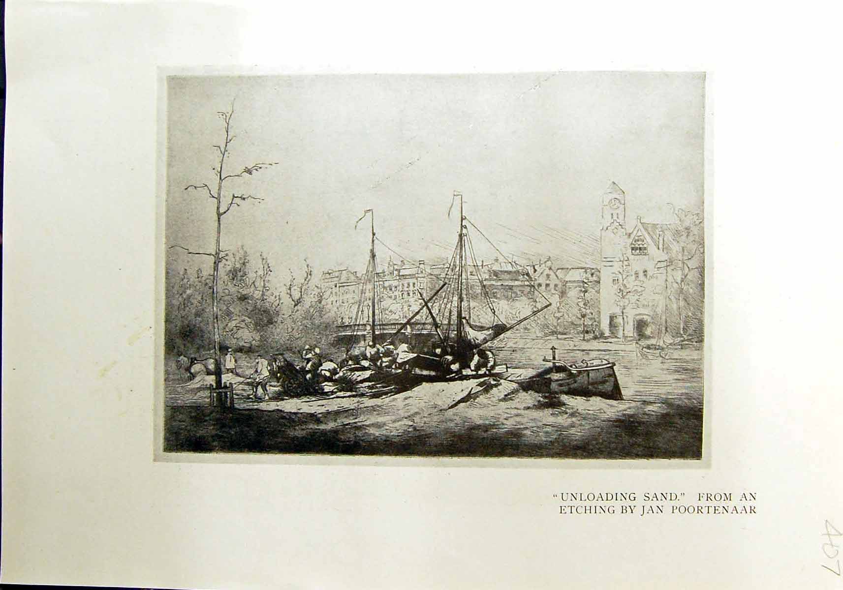 Antique Old Print Unloading Sand Ships Poortenaar 1912 Waterloo Bridge London