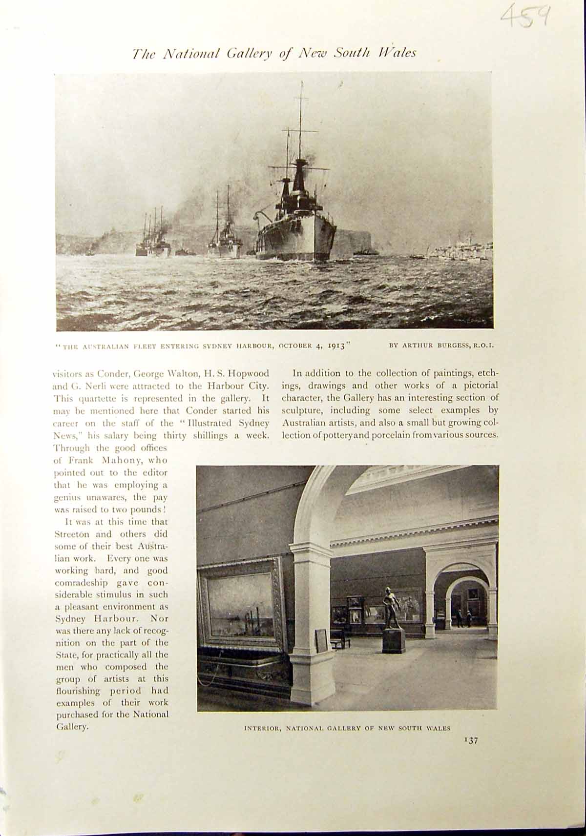 Old Australian Ship Sydney Harbour Burgess Art Gallery 1912 Liege Bai 20th