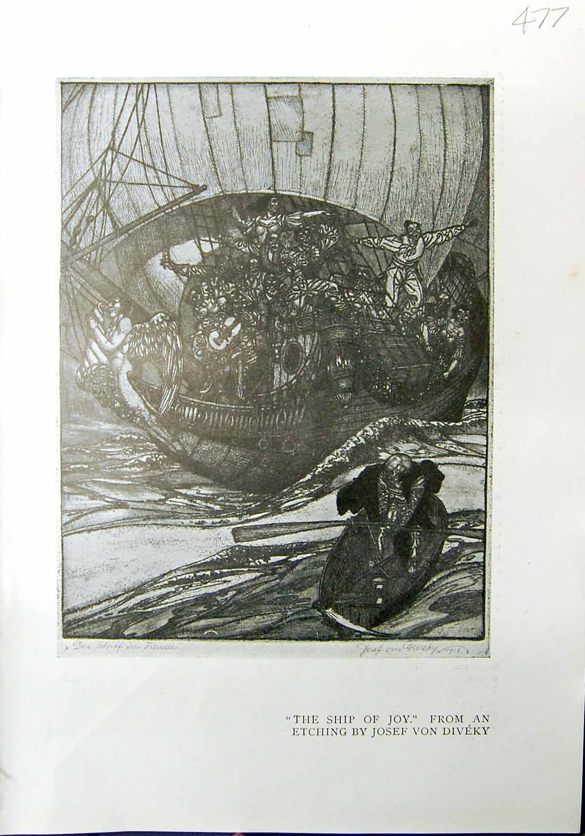 Original Old Antique Print 1912 Ship Joy Etching Josef Von Diveky 20th Century