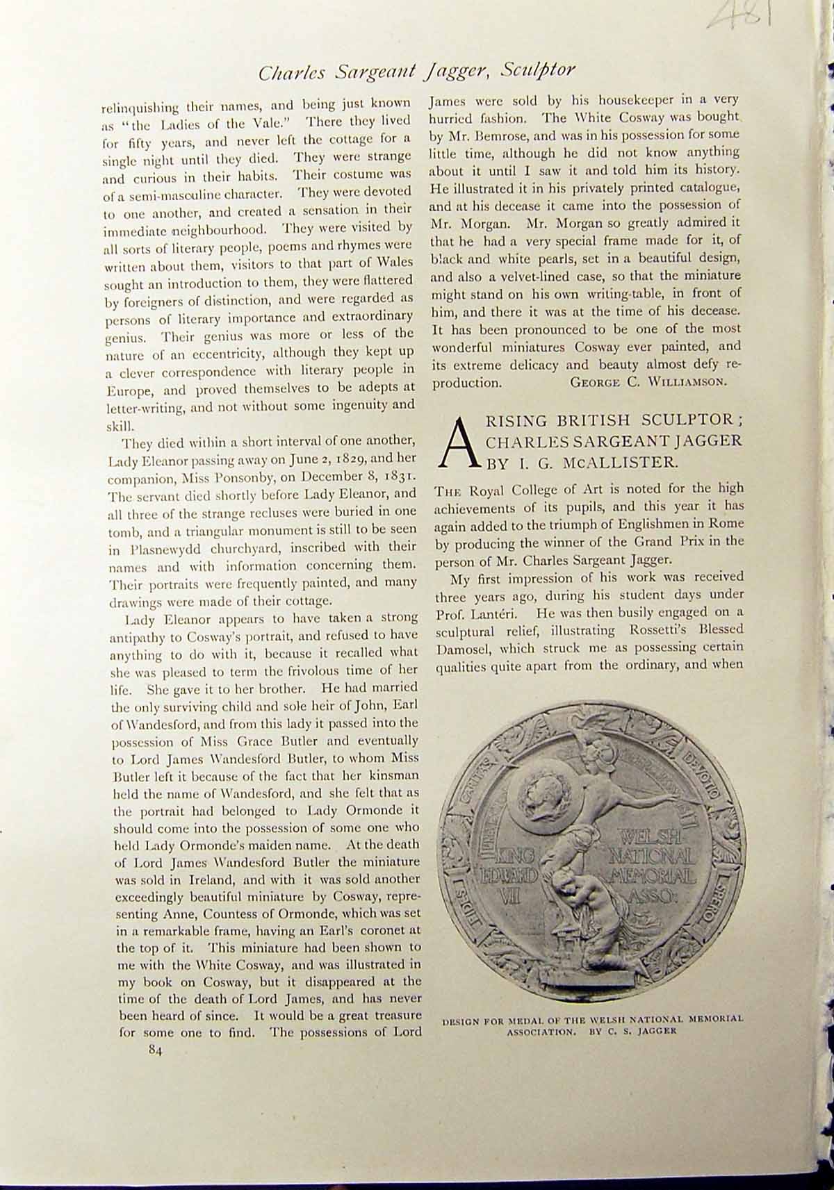 Antique Print Design Medal Welsh National Memorial Association Jagger 1912 20th