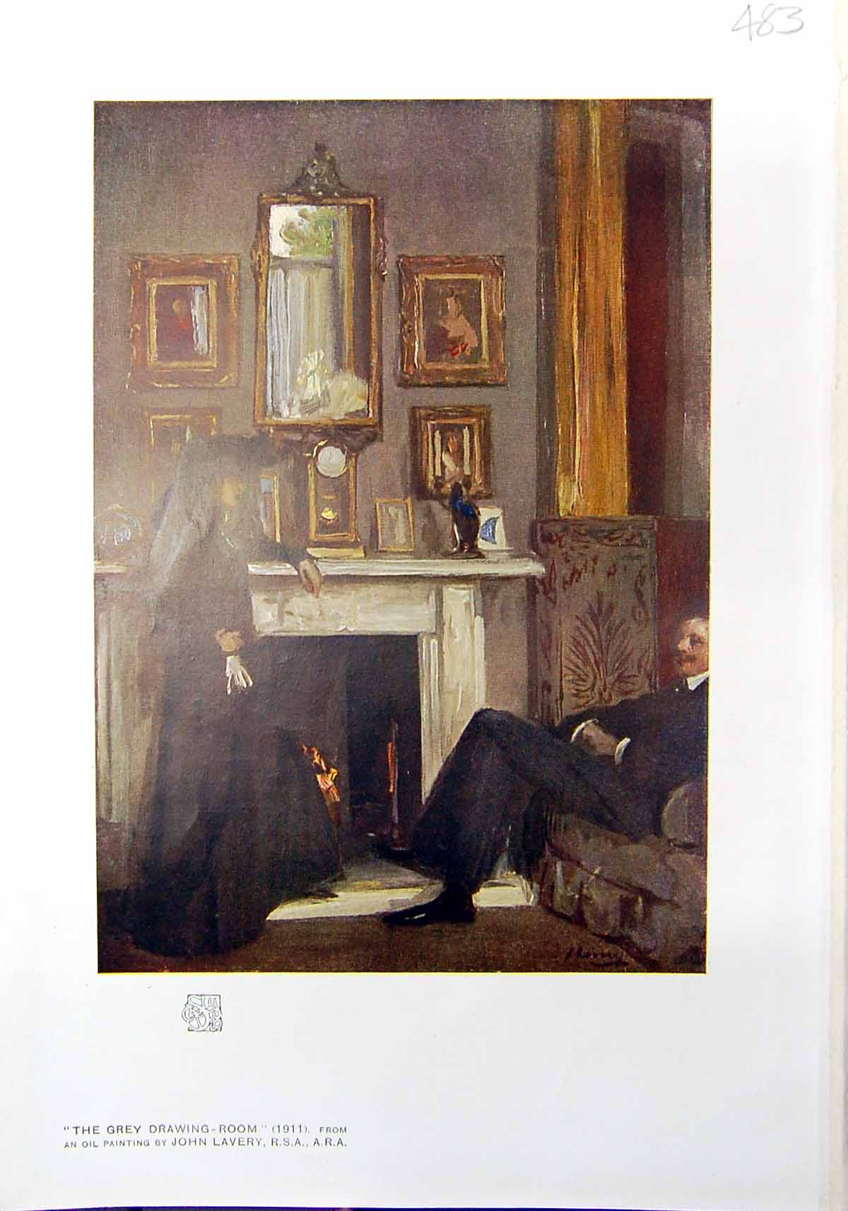 Old Antique Print 1912 Colour Grey Drawing Room Family Home John Lavery 20th