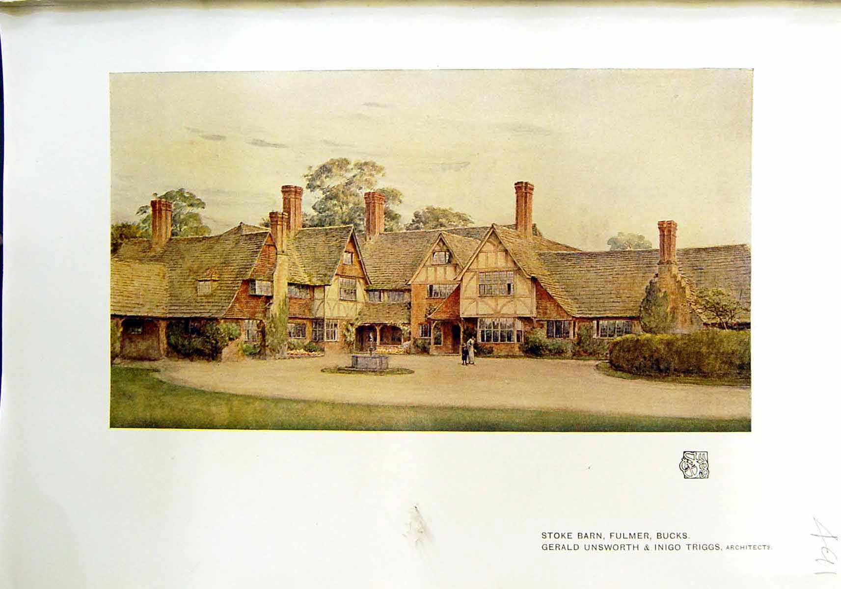 Antique Old Print Stoke Barn Fulmer Bucks Gerald Unsworth Inigo Triggs 1912