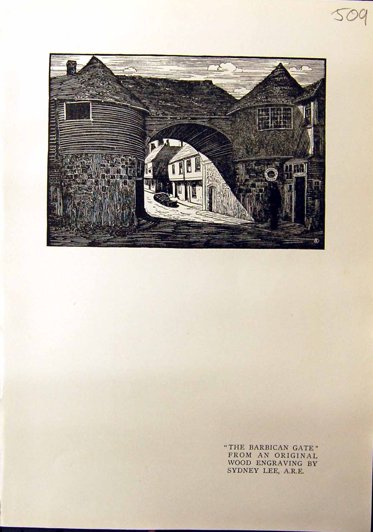 Original Old Antique Print Barbican Gate Wood Engraving Sydney Lee 1912 20th