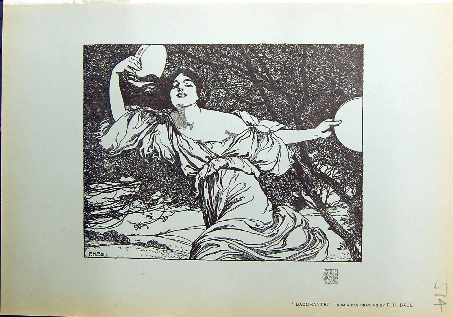 Original Old Antique Print 1912 Beautiful Woman Bacchante Ball 20th Century