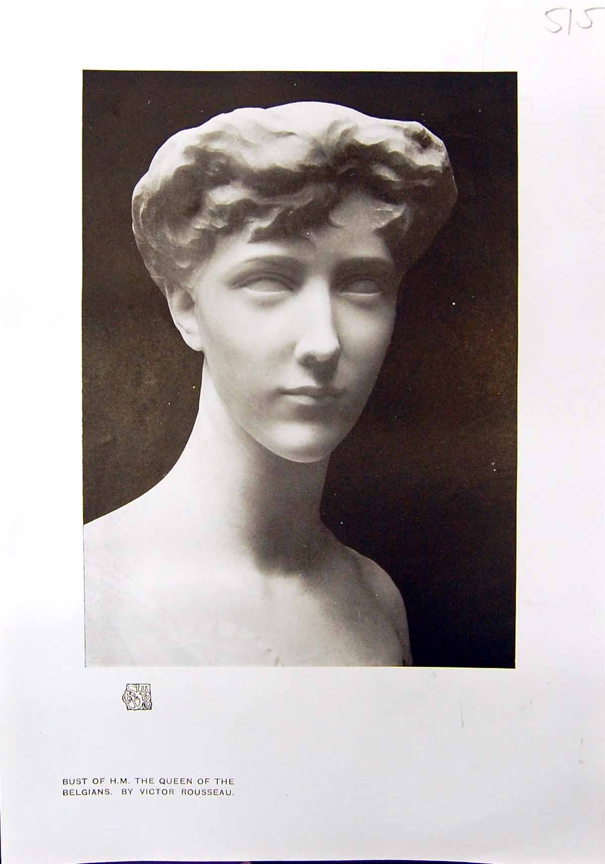 Original Old Antique Print Bust Queen Belgians Victor Rousseau 1912 20th