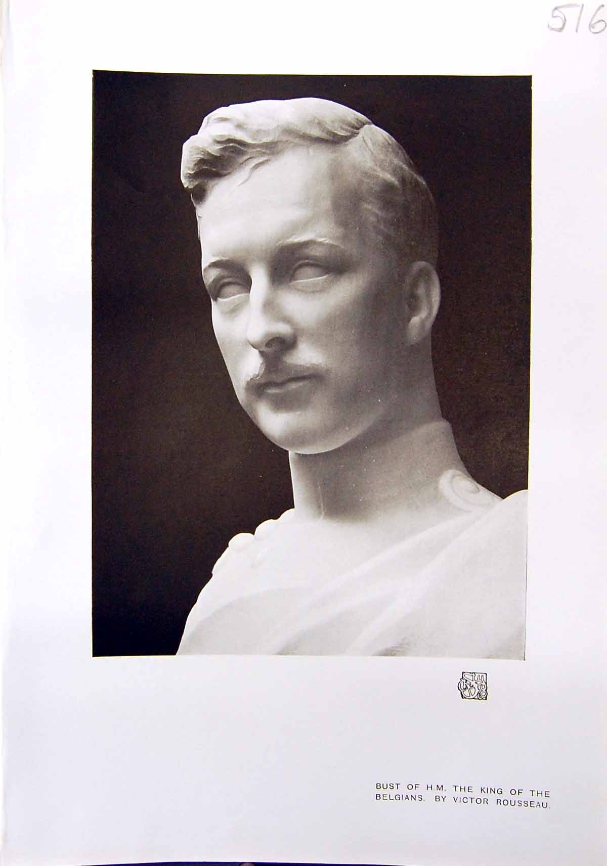 Original Old Antique Print 1912 Bust King Belgians Victor Rousseau 20th Century