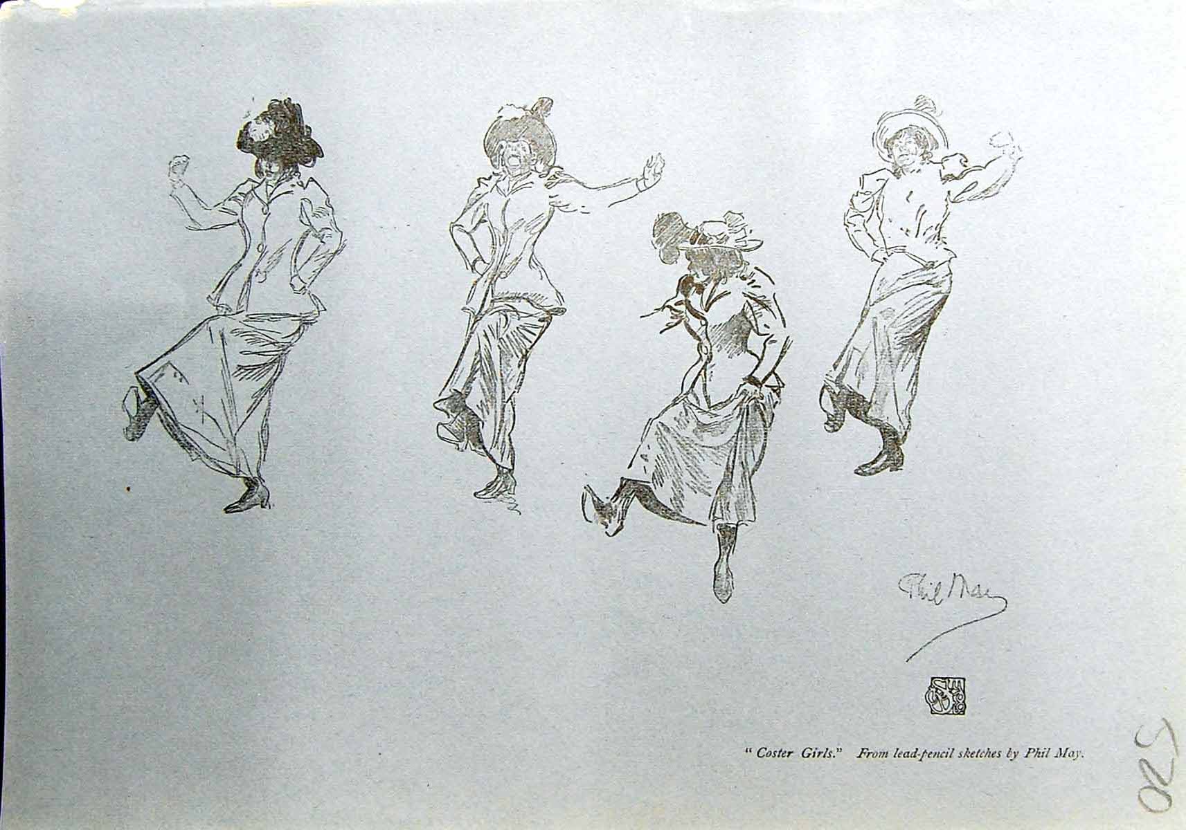 Old Antique Print 1912 Coster Girls Dancing Lead Pencil Sketch Phil May 20th