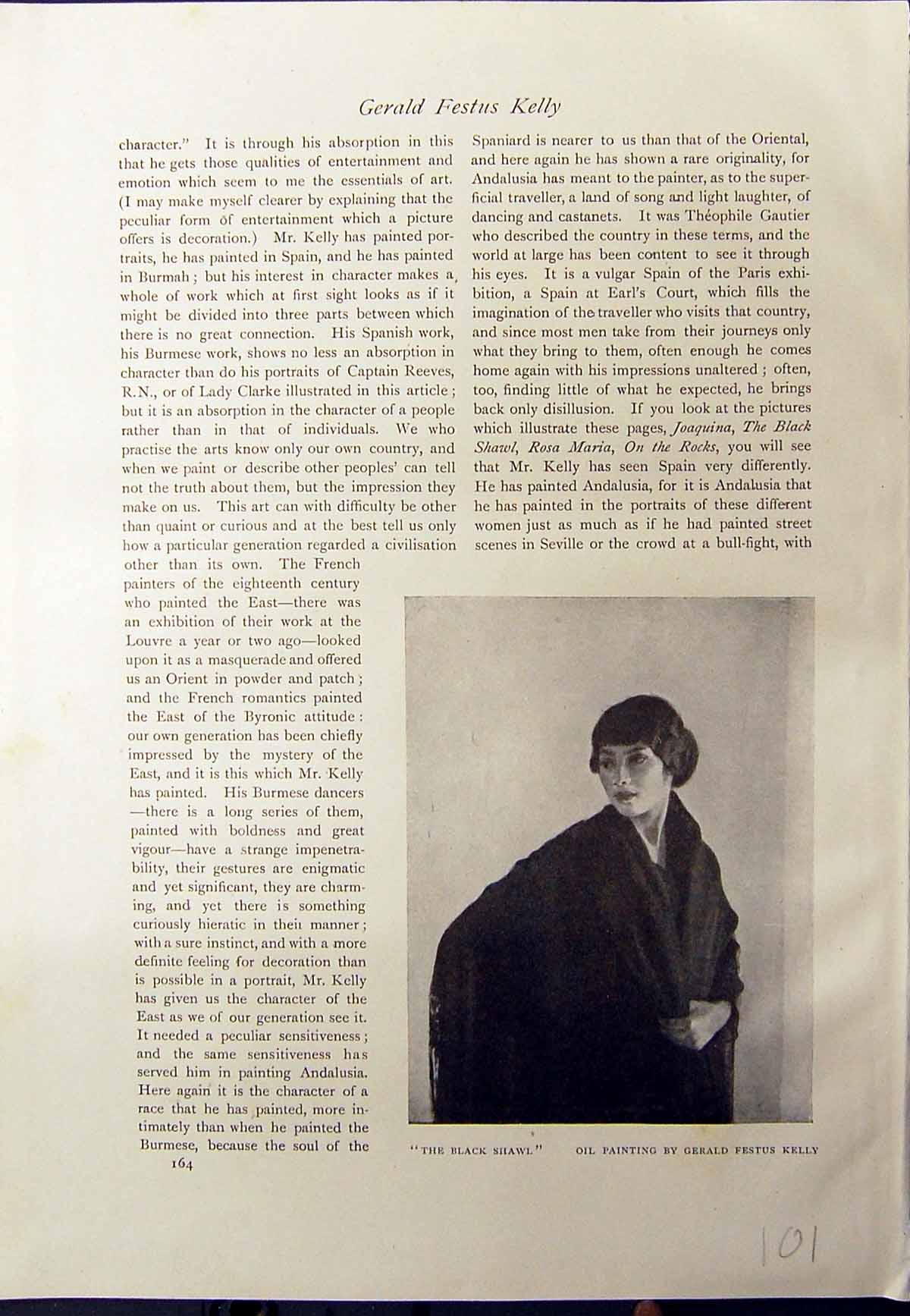 Old Antique Print Black Shawl Gerald Kelly Beautiful Lady Rosa Maria 1913 20th