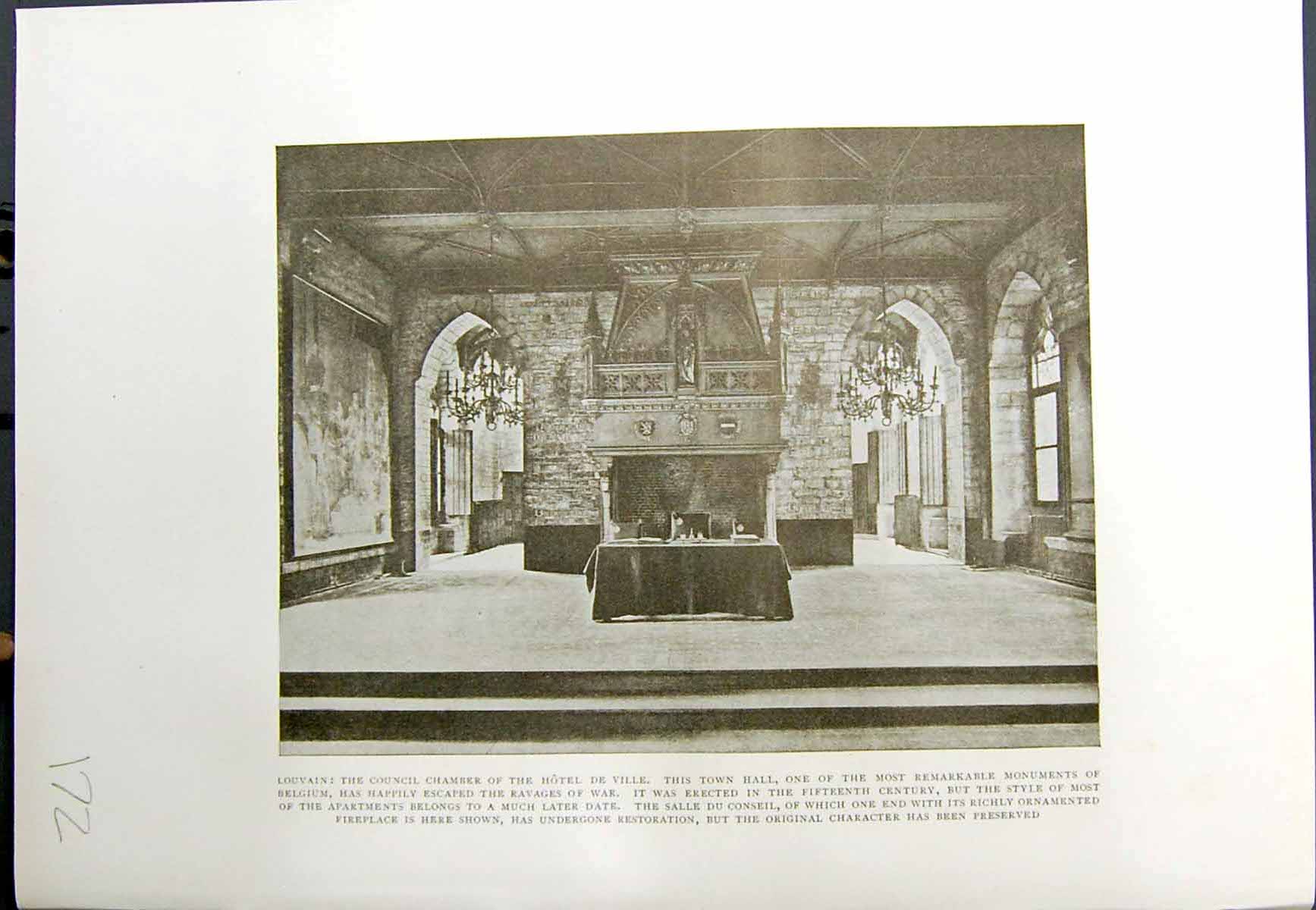 Old Print 1913 Louvain Council Chamber Hotel Ville Hall University Draps 20th