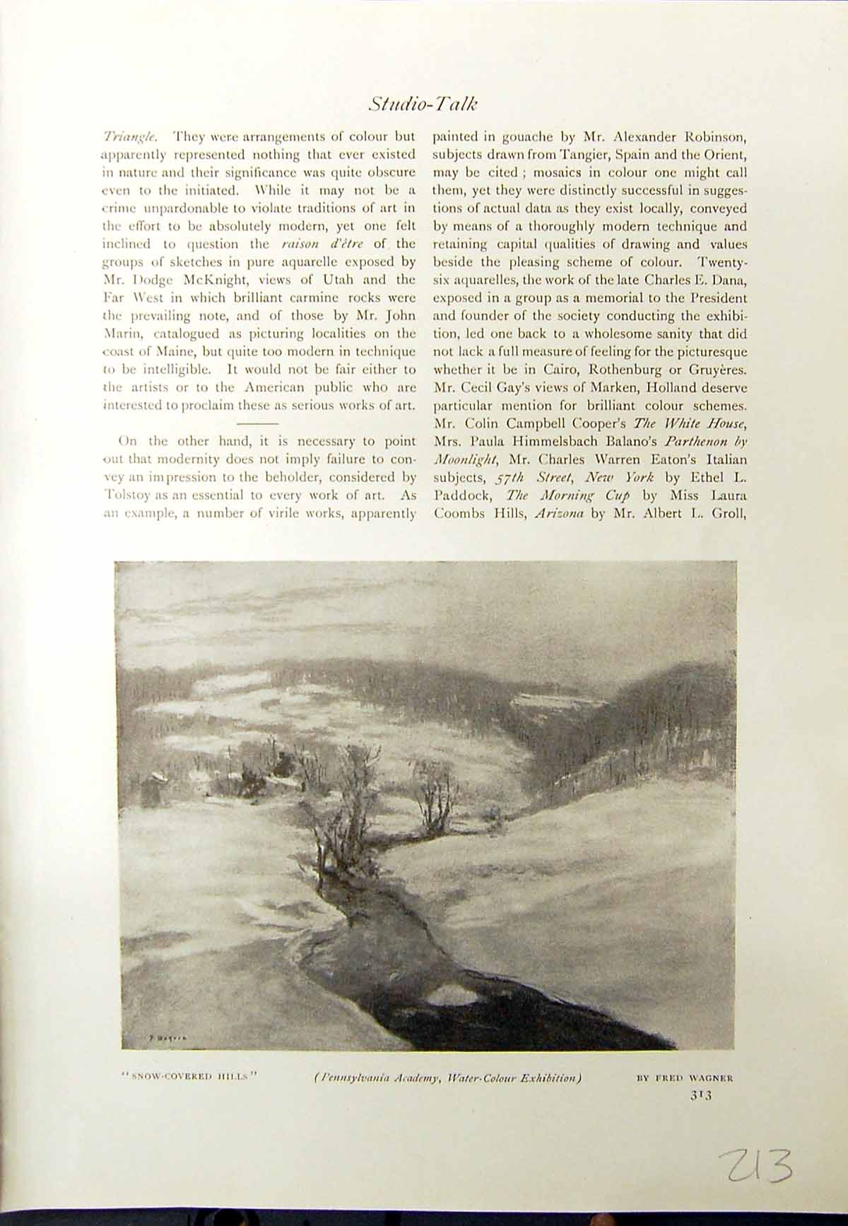 Old Antique Print Snow Covered Hills Fred Wagner 1913 Water Gates Hsetter 20th