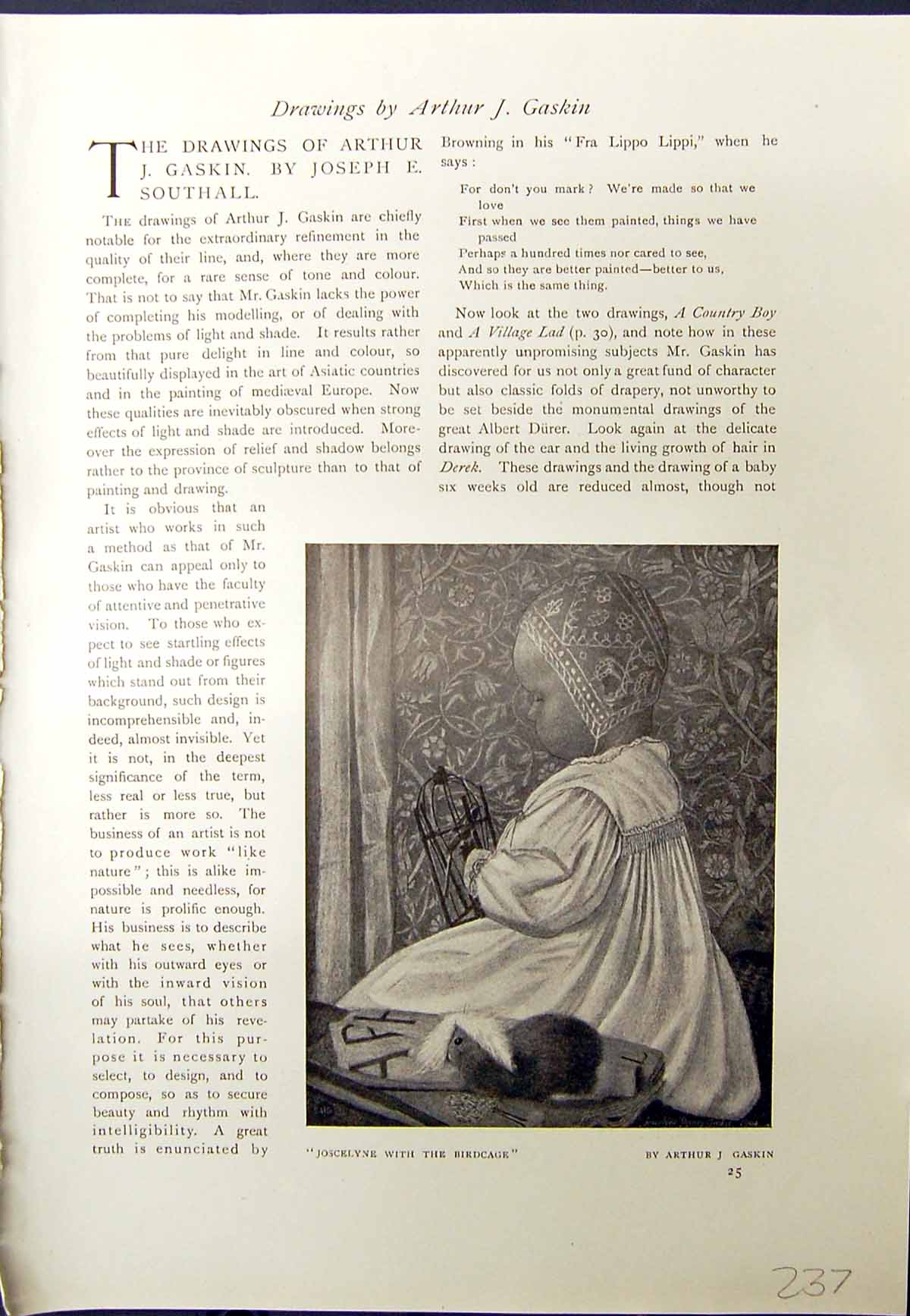 Old Antique Print 1913 Baby Joscelyne Birdcage Arthur Gaskin Young Girl 20th