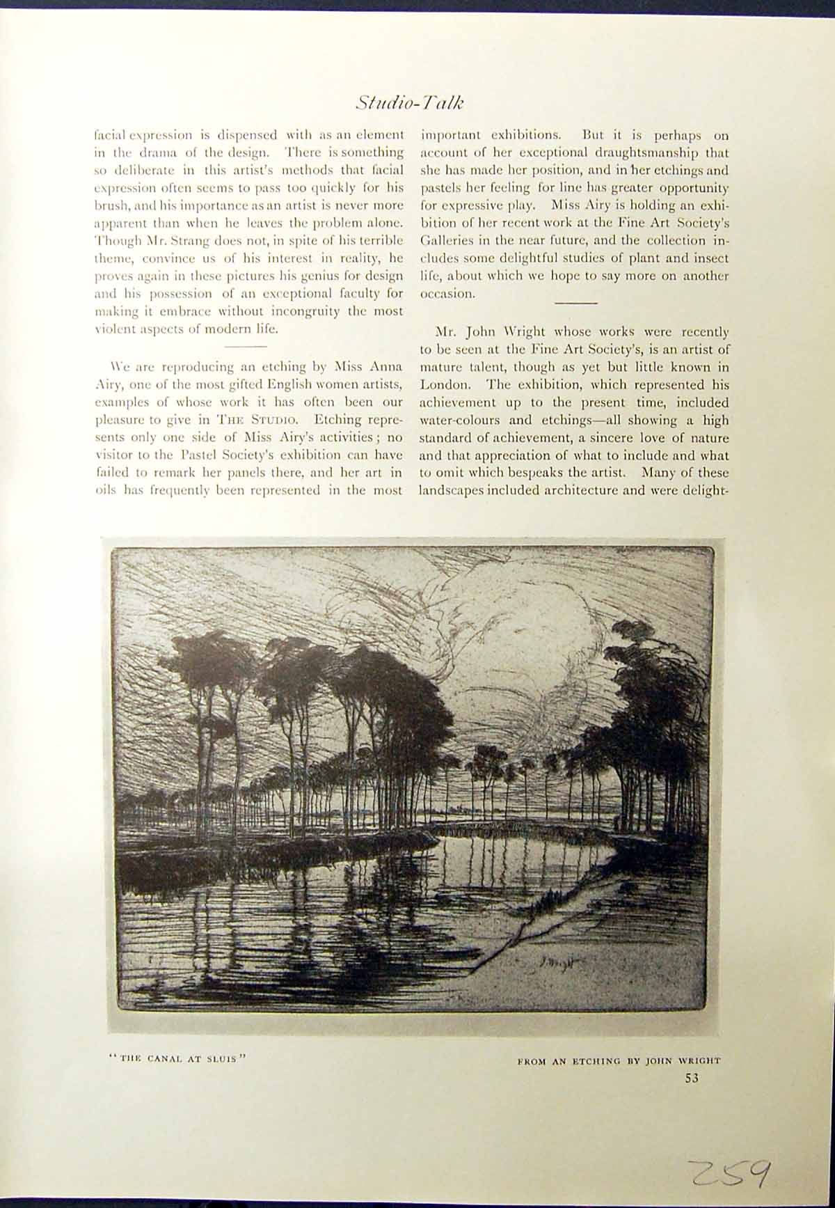 Antique Old Print 1913 Canal Sluis Trees John Wright Lone Barn River Scene 20th