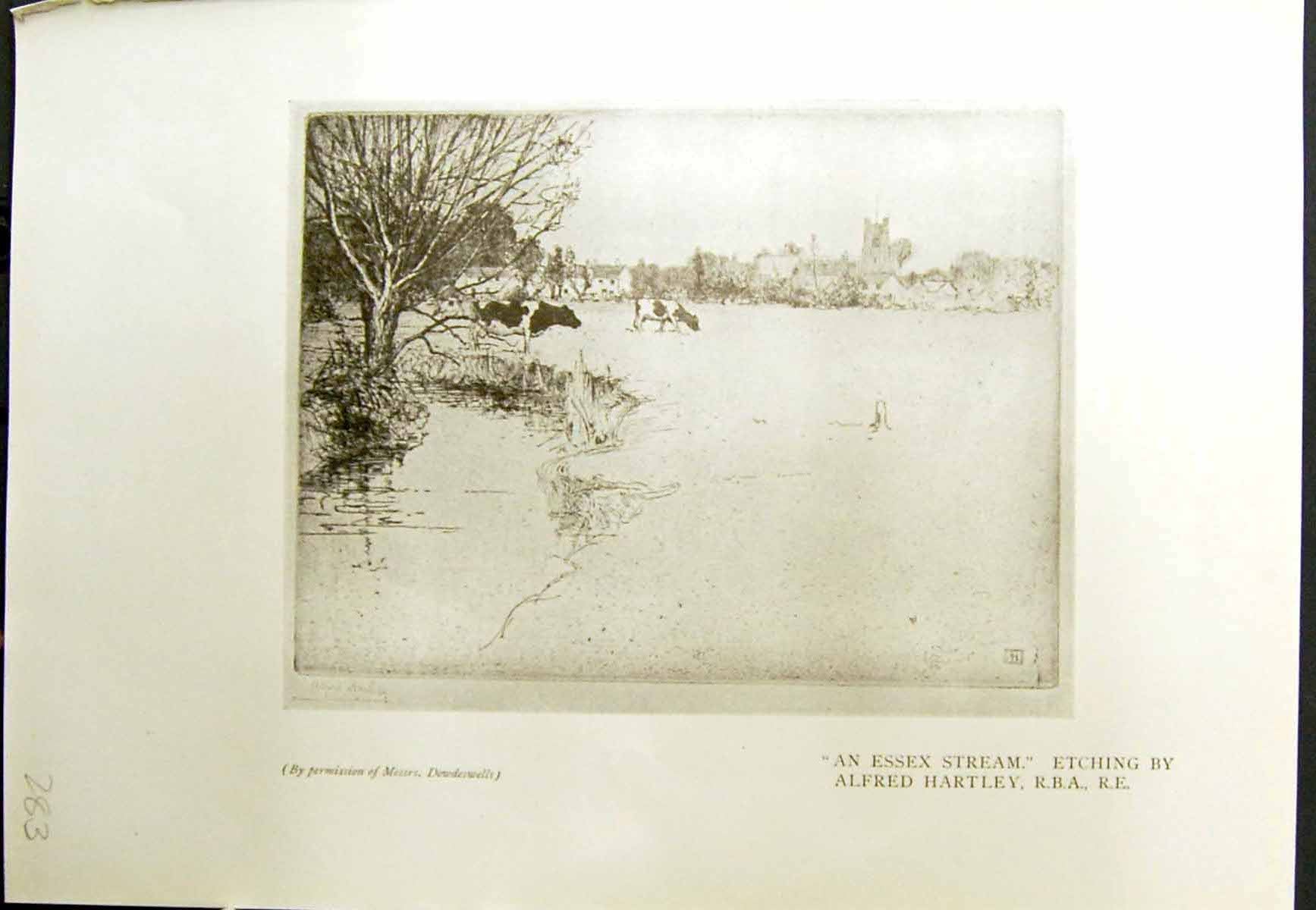 Old Antique Print Essex Stream Cows Alfred Hartley Flag Staff Ships 1913 20th
