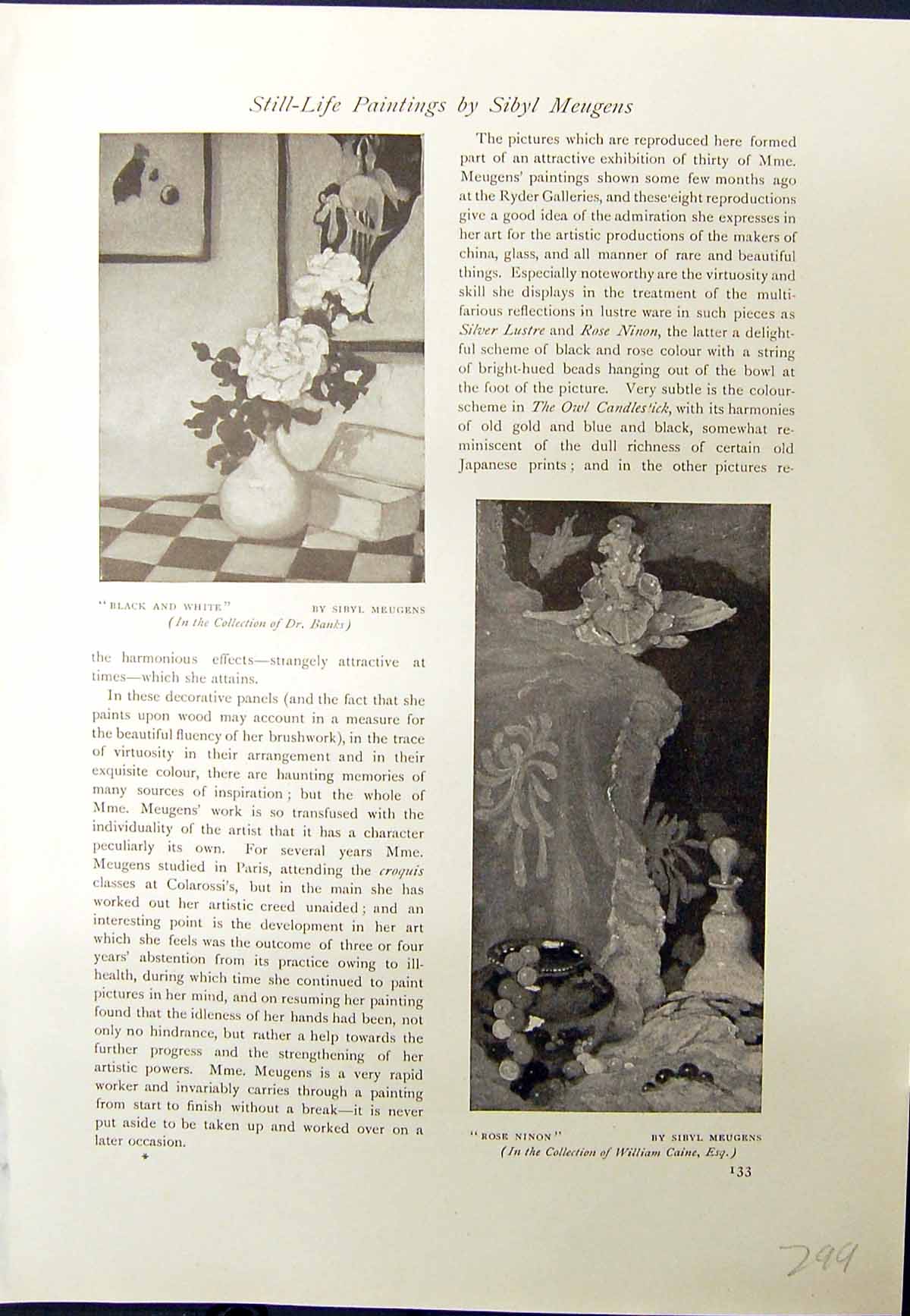 Antique Print 1913 Black White Flowers Rose Ninon Sibyl Meugens Banks Holme