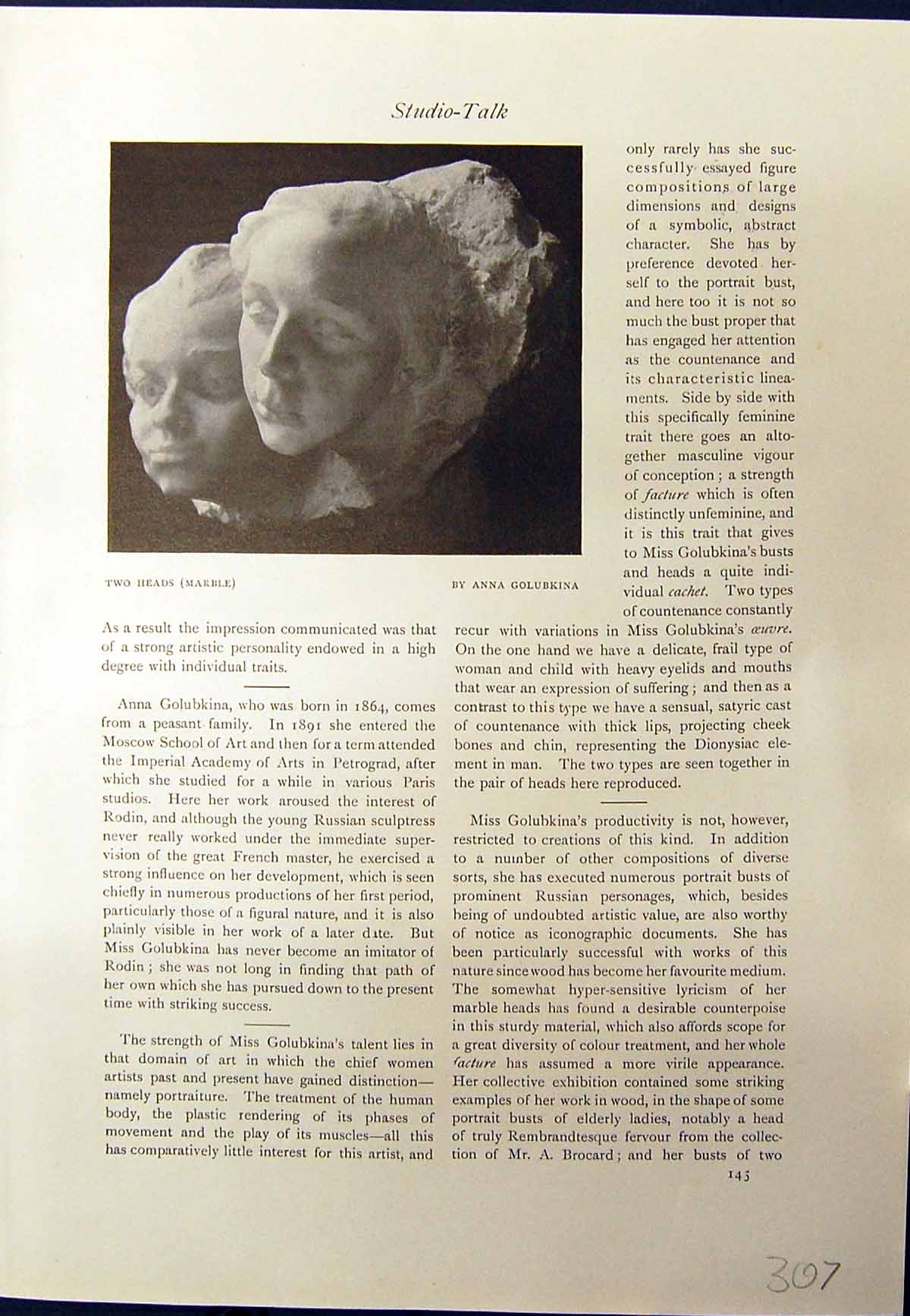 Old Print Marble Heads Anna Golubkina Corean Bowl Korai Flower Vase 1913 20th