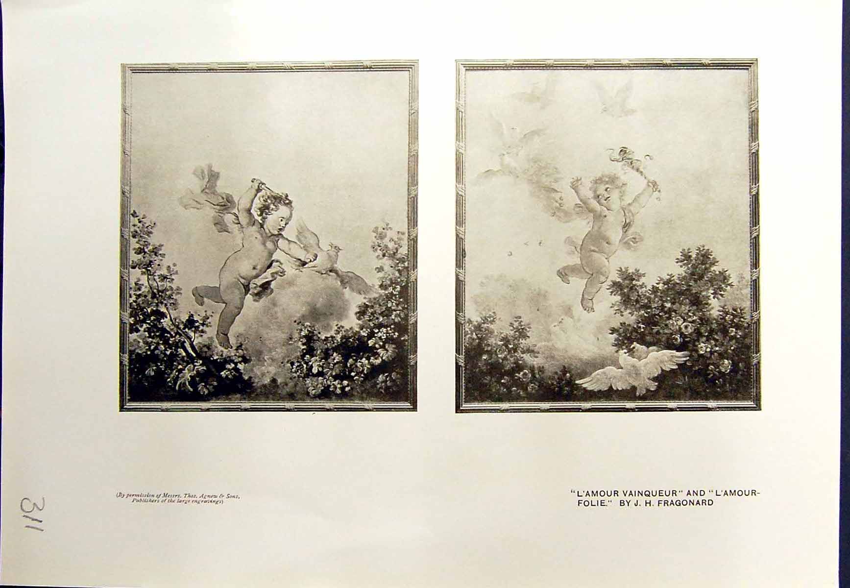 Antique Print L'Amour Vainqueur Fragonard Cherubs Poursuivante Colombe 1913