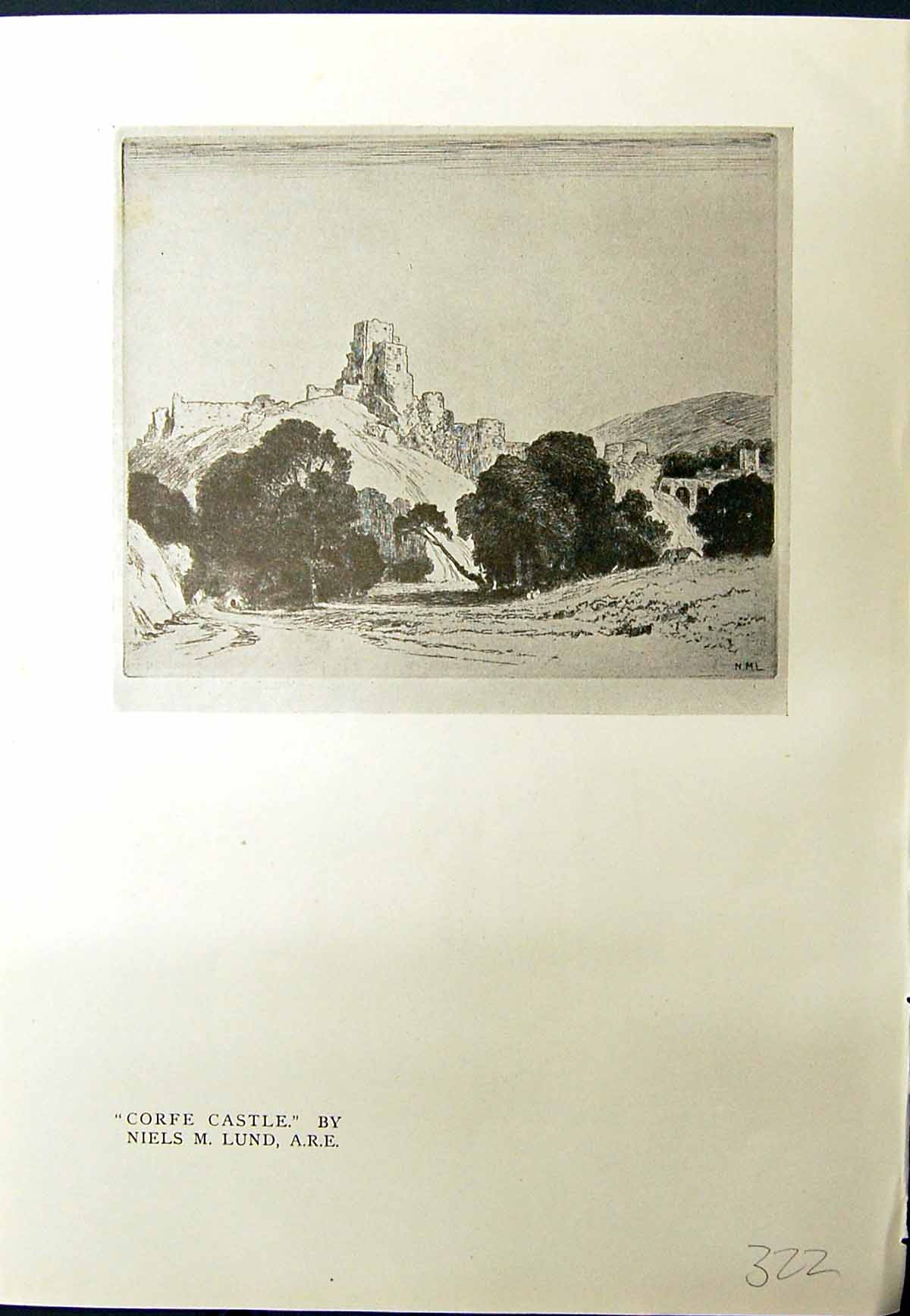 Old Antique Print Corfe Castle Niels Lund 1913 Shop Venice Italy Richards 20th
