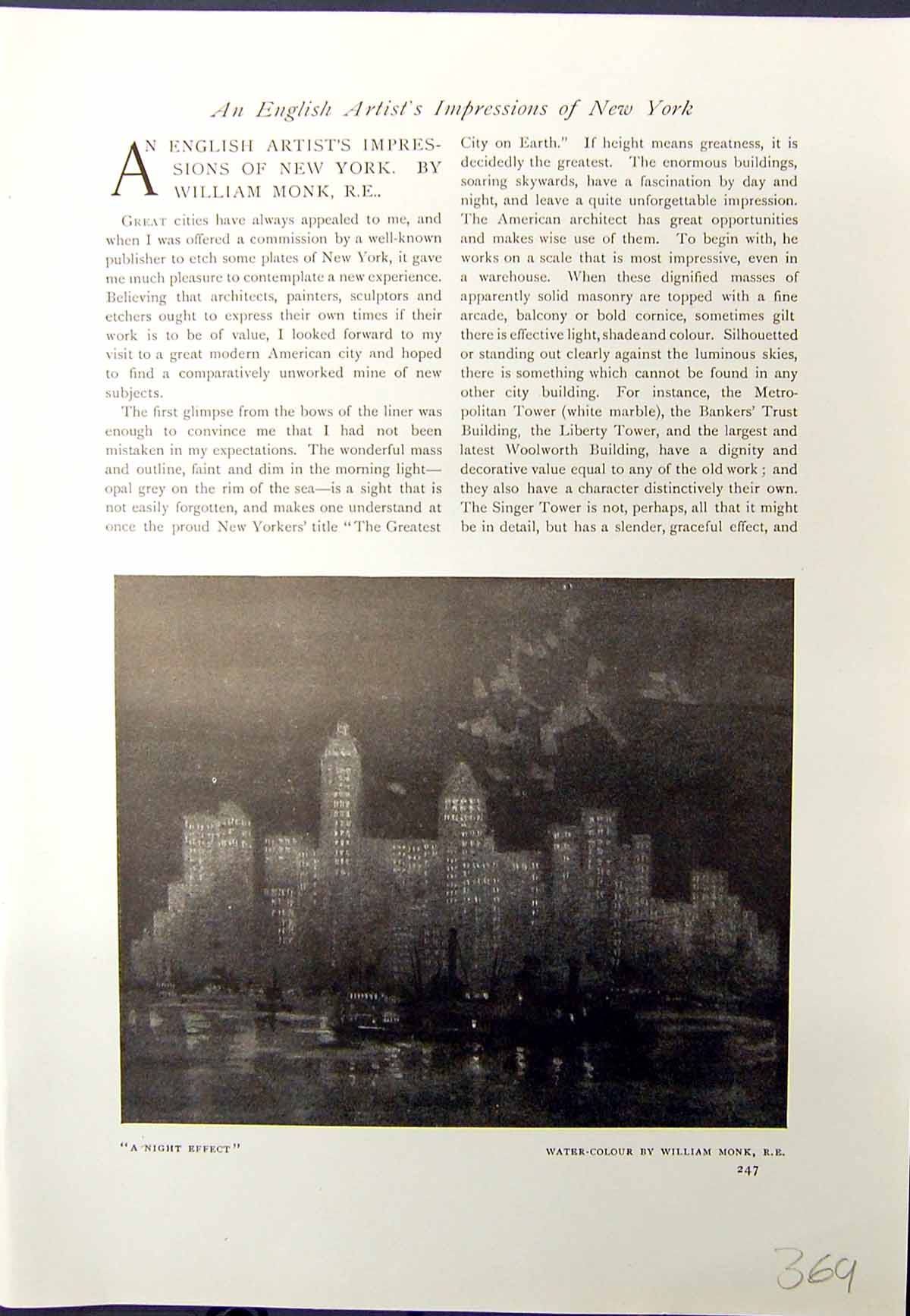 Original Old Antique Print New York Night William Monk 1913 Quay Ships America