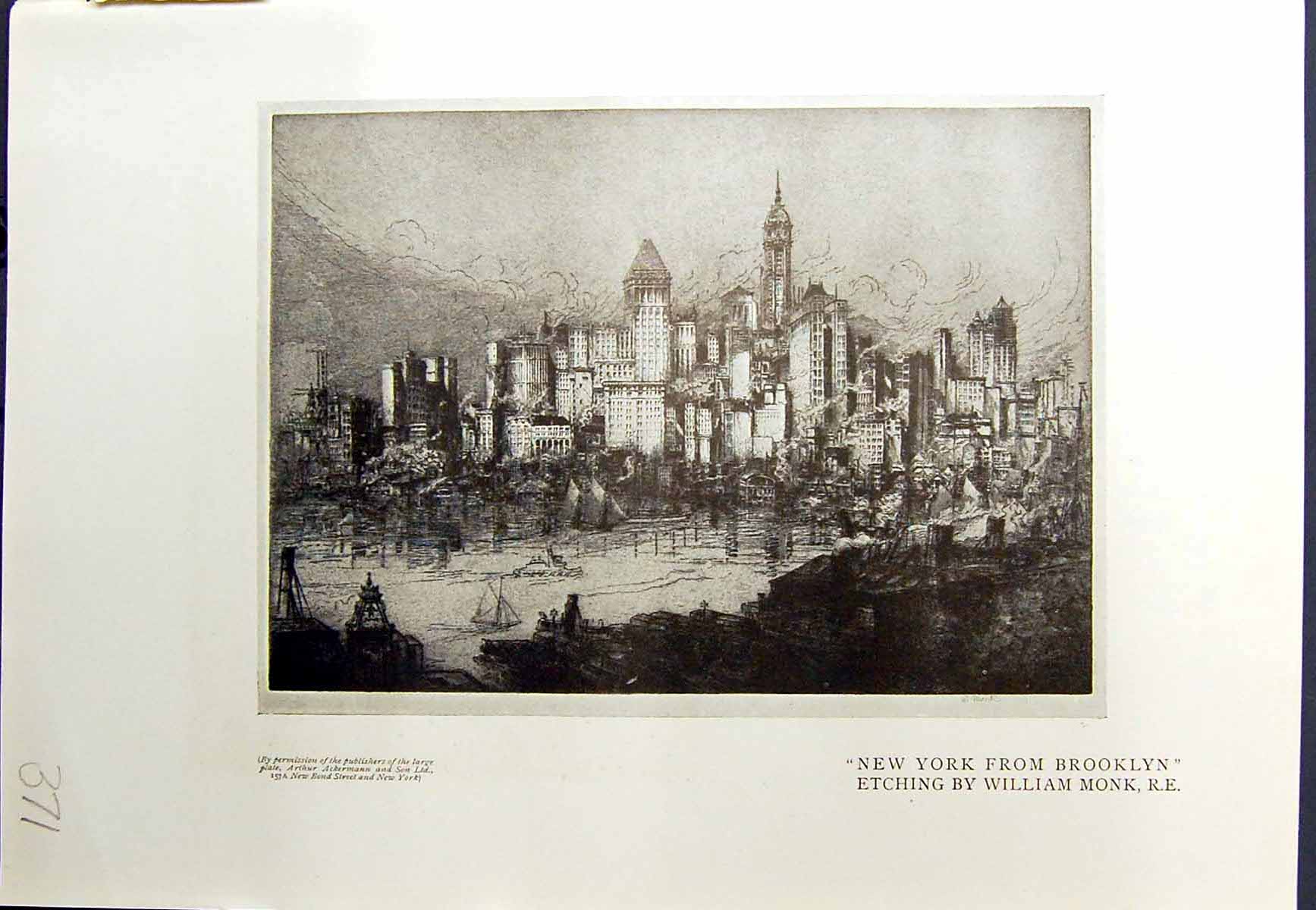 Original Old Antique Print 1913 New York America William Monk Brooklyn Bridge