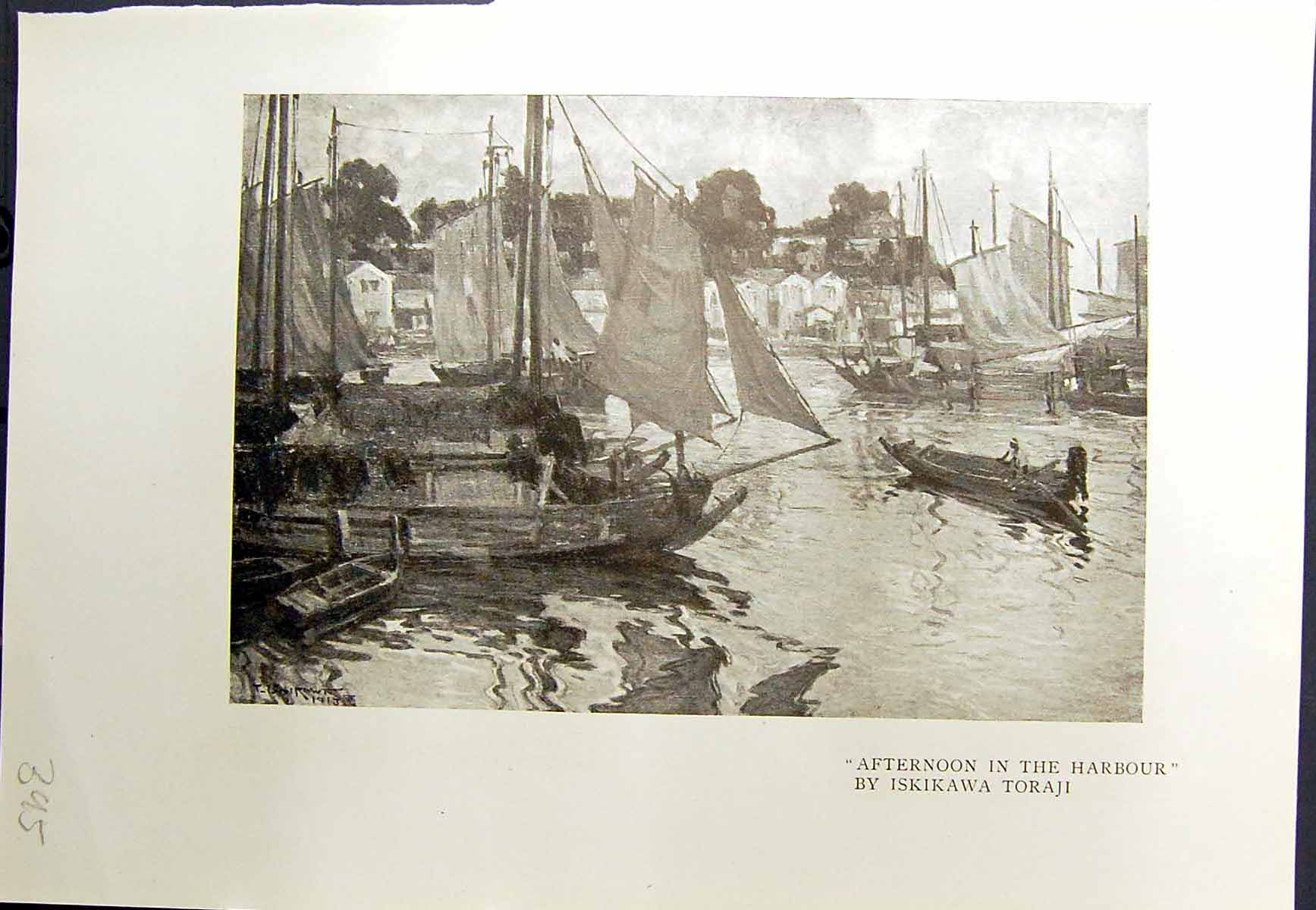 Old Print Harbour Scene Boats Iskikawa Toraji Trees Flowers Hachiro 1913 20th