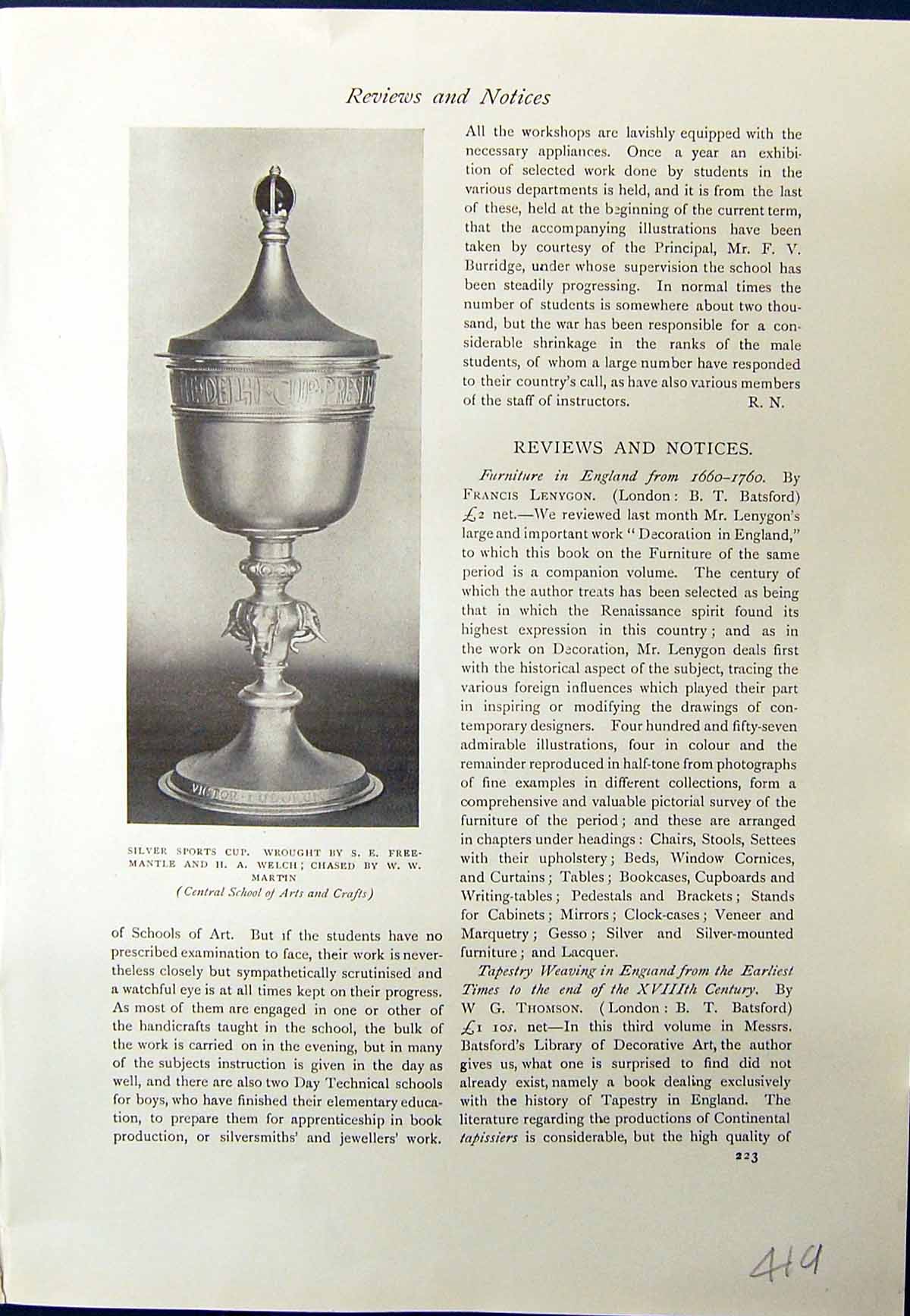 Original Old Antique Print Silver Sports Cup Freemantle Welch Martin 1913 20th