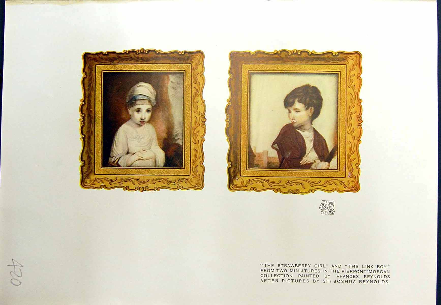 Original Old Antique Print 1913 Strawberry Girl Link Boy Pierpont Morgan Reyns