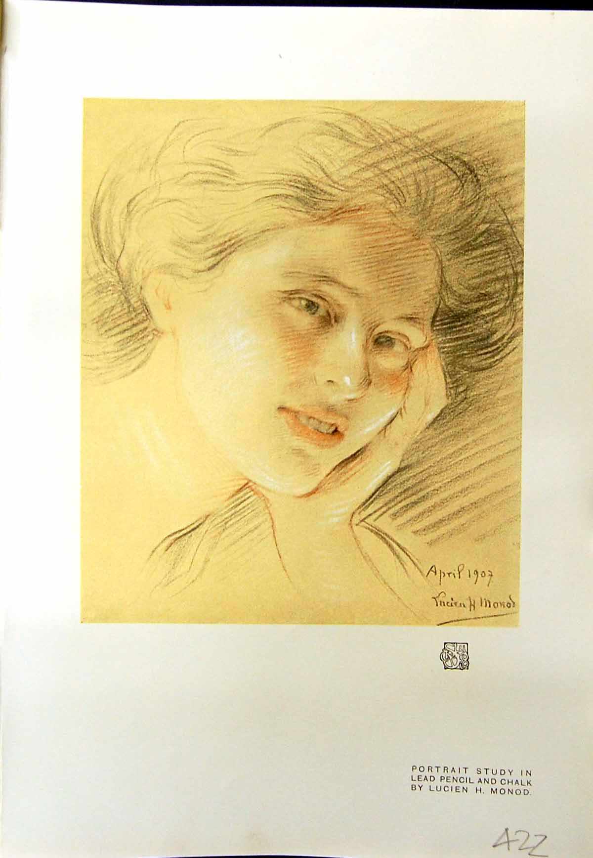 Original Old Antique Print Beautiful Lady Lead Pencil Chalk Lucien Monod 1913