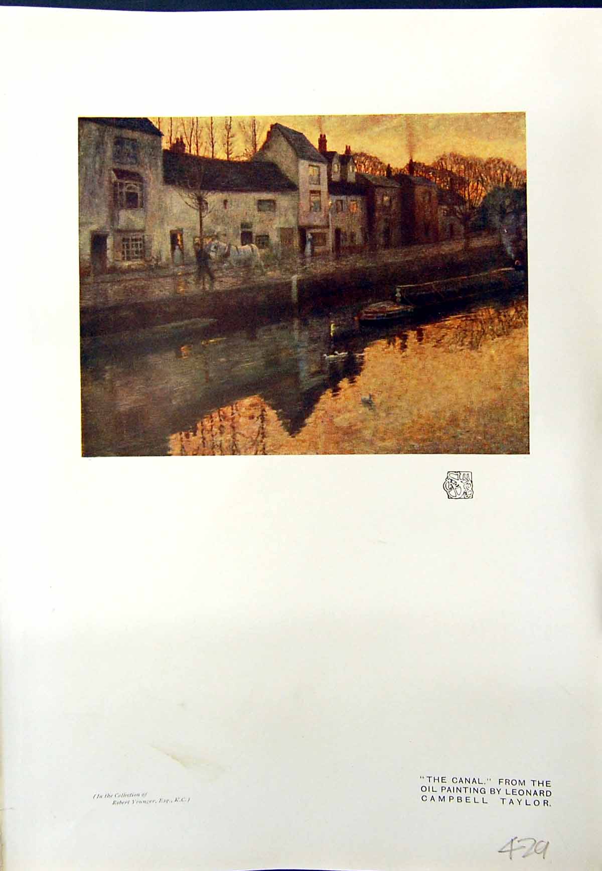 Antique Old Print Canal Scene Horse Boat Houses Leonard Campbell Taylor 1913