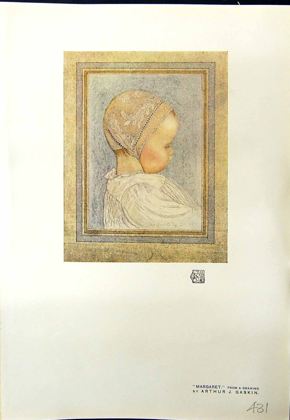 Original Old Antique Print Portrait Margaret Beautiful Baby 1913 Arthur Gaskin
