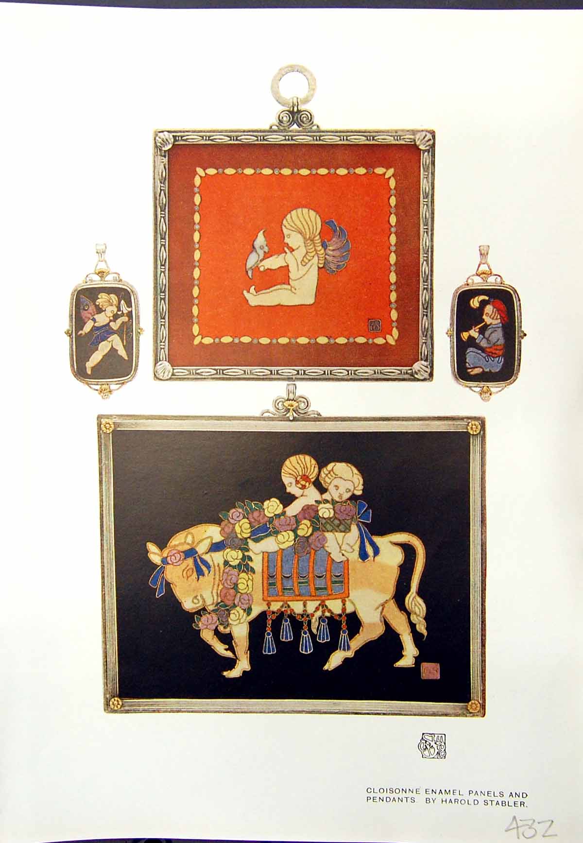 Original Old Antique Print Cloisonne Enamel Panels Pendants HarStabler 1913