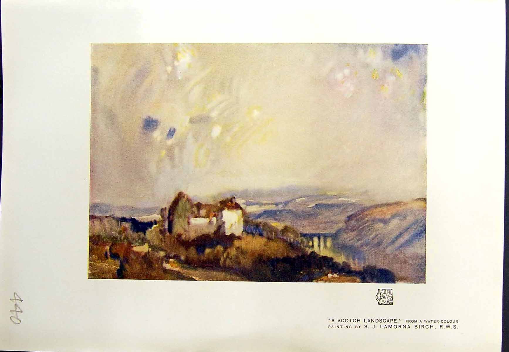 Original Old Antique Print Scotland Landscape Colour 1913 Lamorna Birch 20th