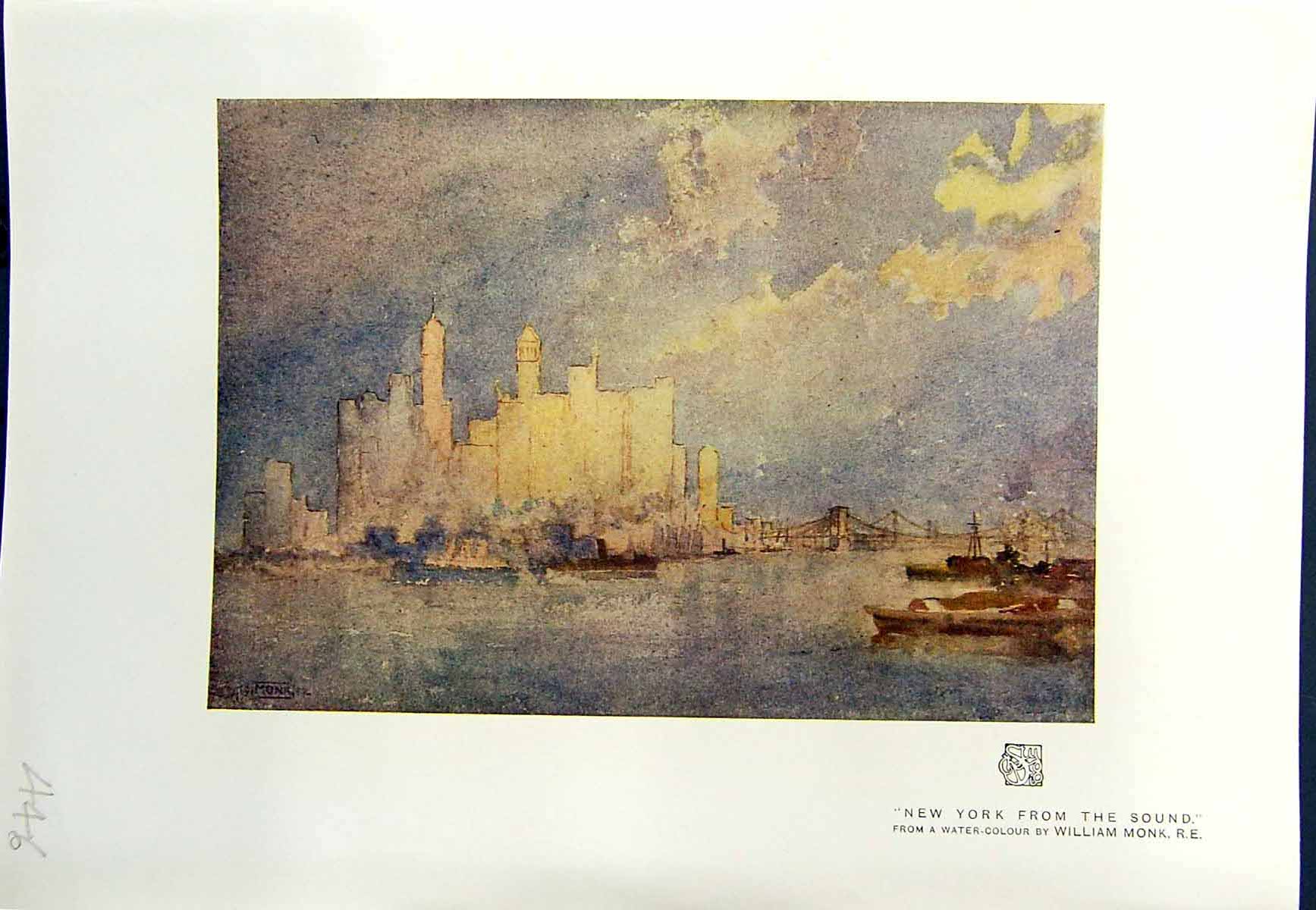 Original Old Antique Print New York Sound America Colour 1913 William Monk 20th