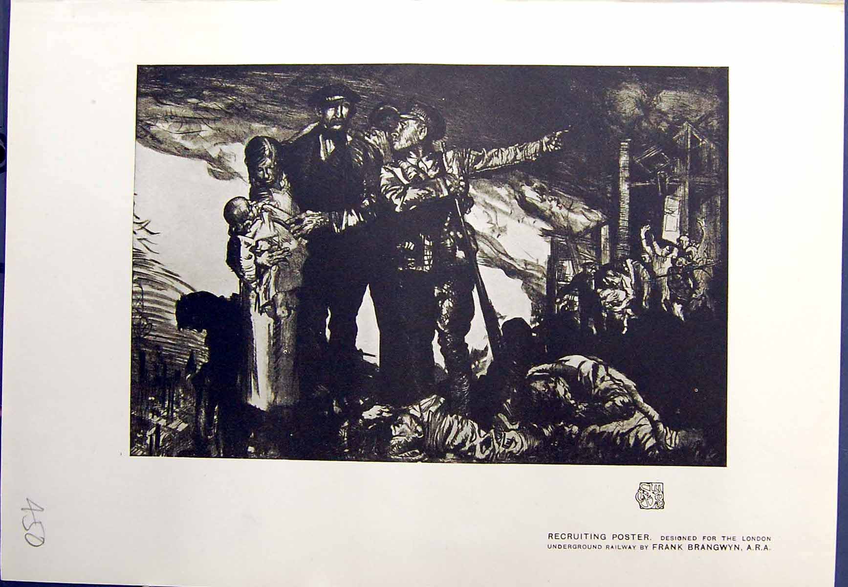 Antique Old Print Recruiting Poster London Underground Railway 1913 Brangwyn