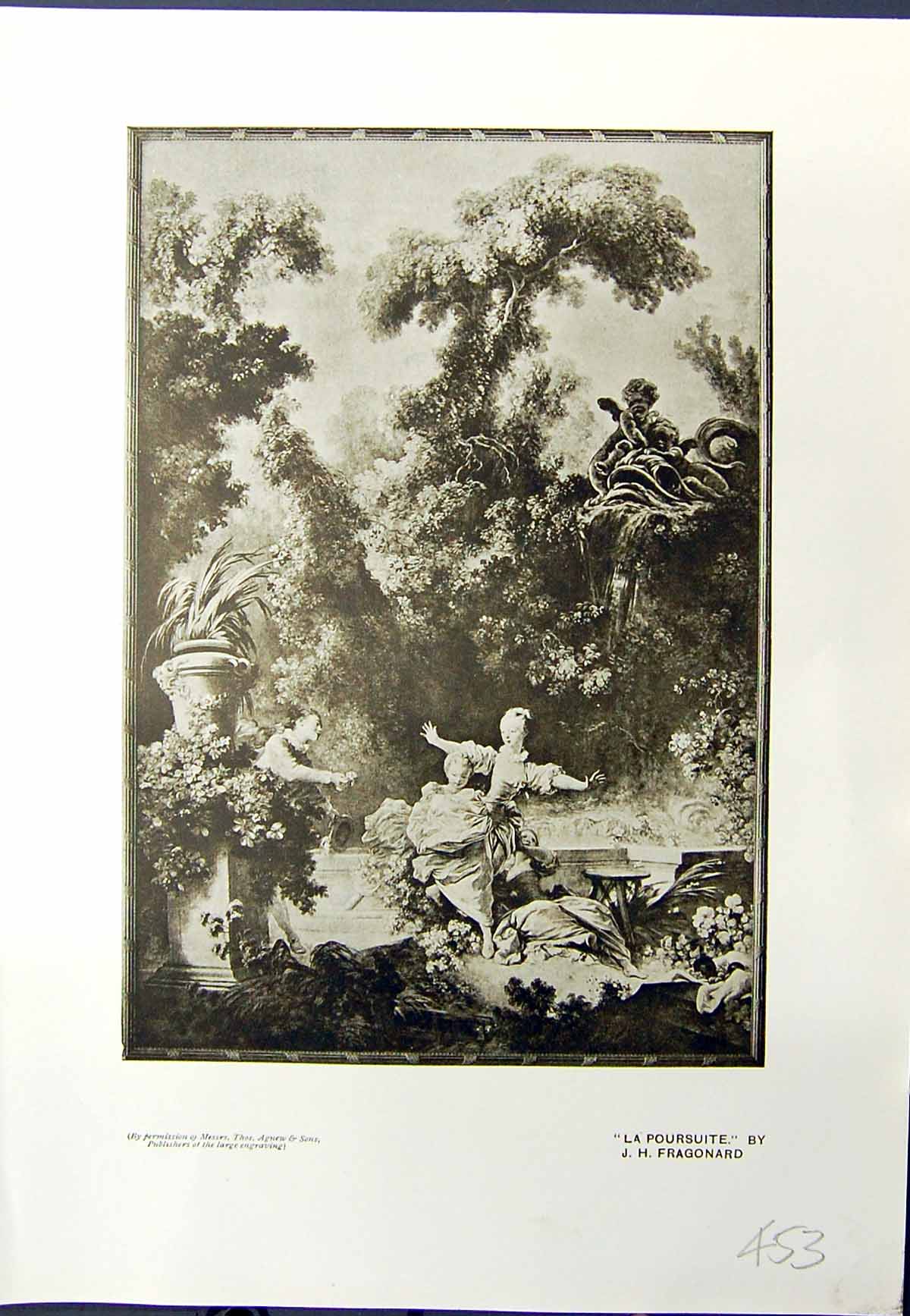 Original Old Antique Print Women Garden Scene La Poursuite 1913 Fragonard 20th