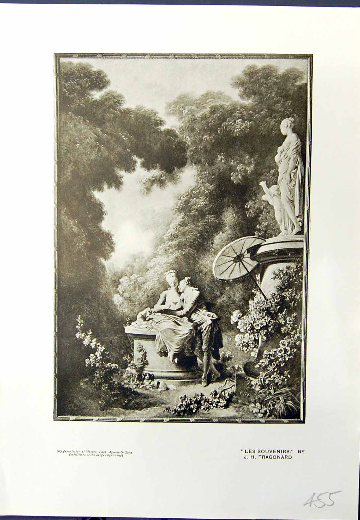 Antique Old Print Garden Scene Romance Les Souvenirs Sculpture 1913 Fragonard