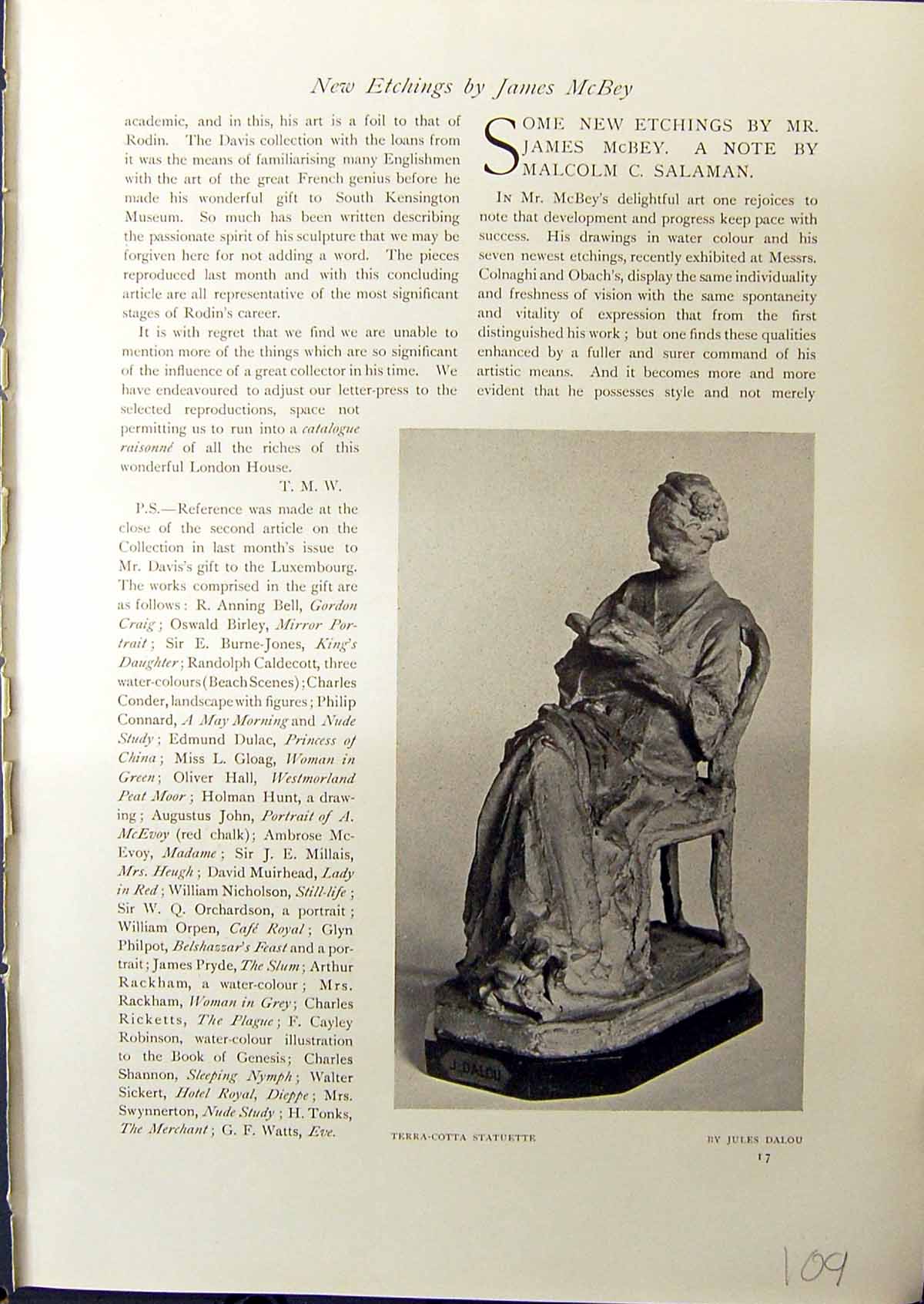 Antique Print Terra-Cotta Statuette Jules Dalou Sea Rain Macduff Mcbey 1914