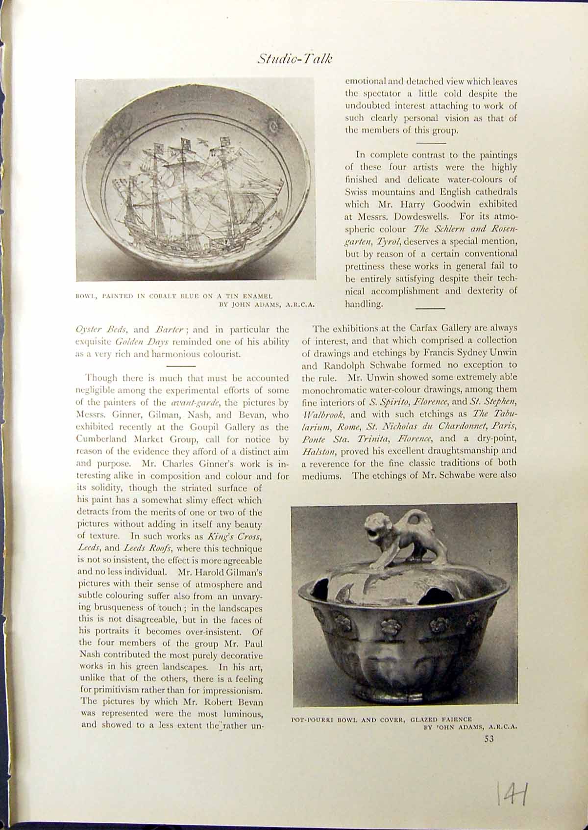 Antique Print 1914 Bowl Painted Cobalt Blue John Adams Wooden Toys Polunin 20th