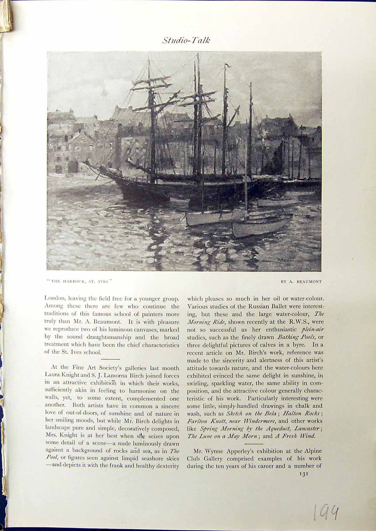 Antique Old Print Harbour St. Ives Ships Beaumont 1914 War Sculpture Davidson