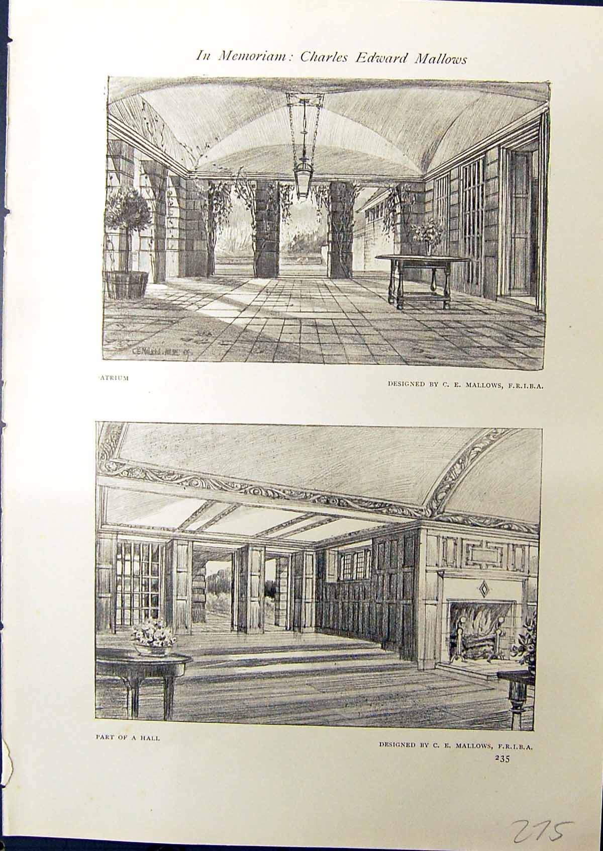 Antique Old Print Charles Mallows Atrium Hall House Gateway Architecture 1914